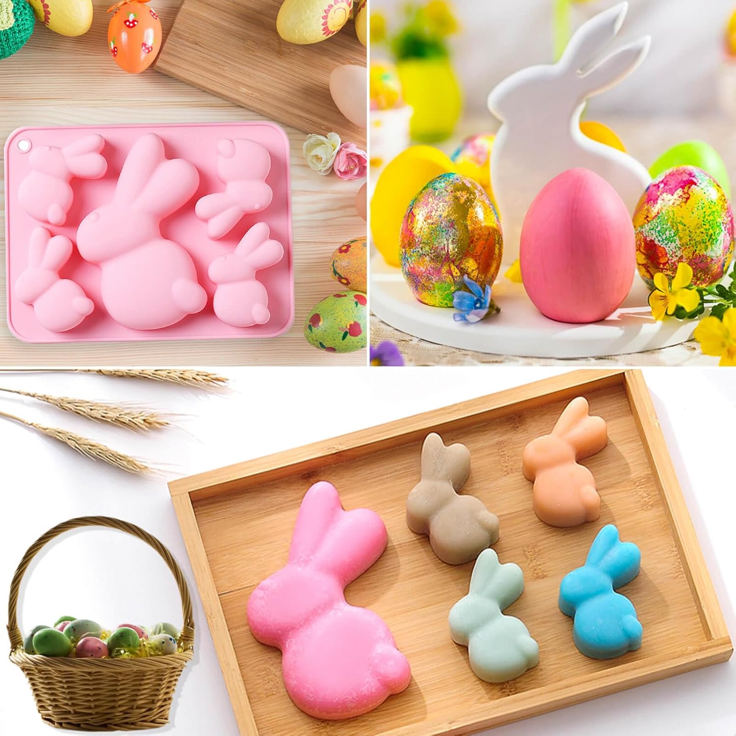 Paquete de 3 moldes de silicona de conejo de Pascua para hornear, moldes grandes de silicona para huevos de Pascua, pavo y cruz, molde de chocolate