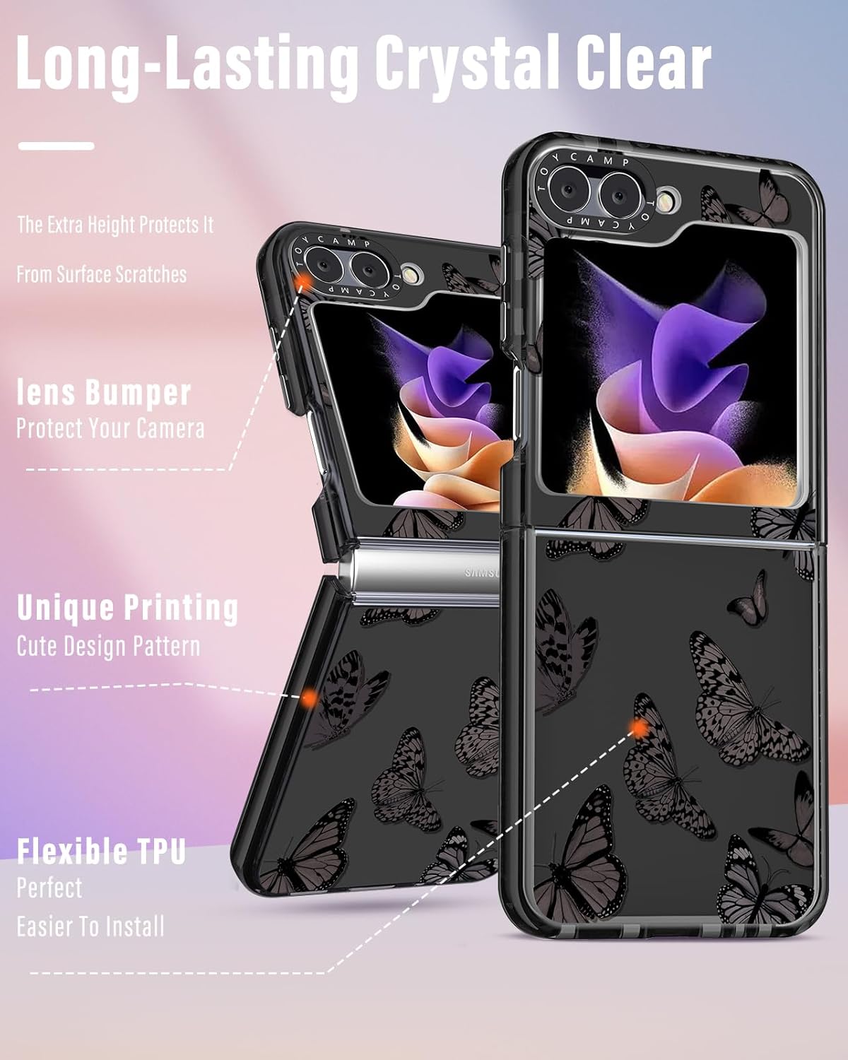 Toycamp Funda para Samsung Galaxy Z Flip 5 con soporte para anillo, diseño de insectos de dibujos animados de mariposa negra, divertida, a prueba de