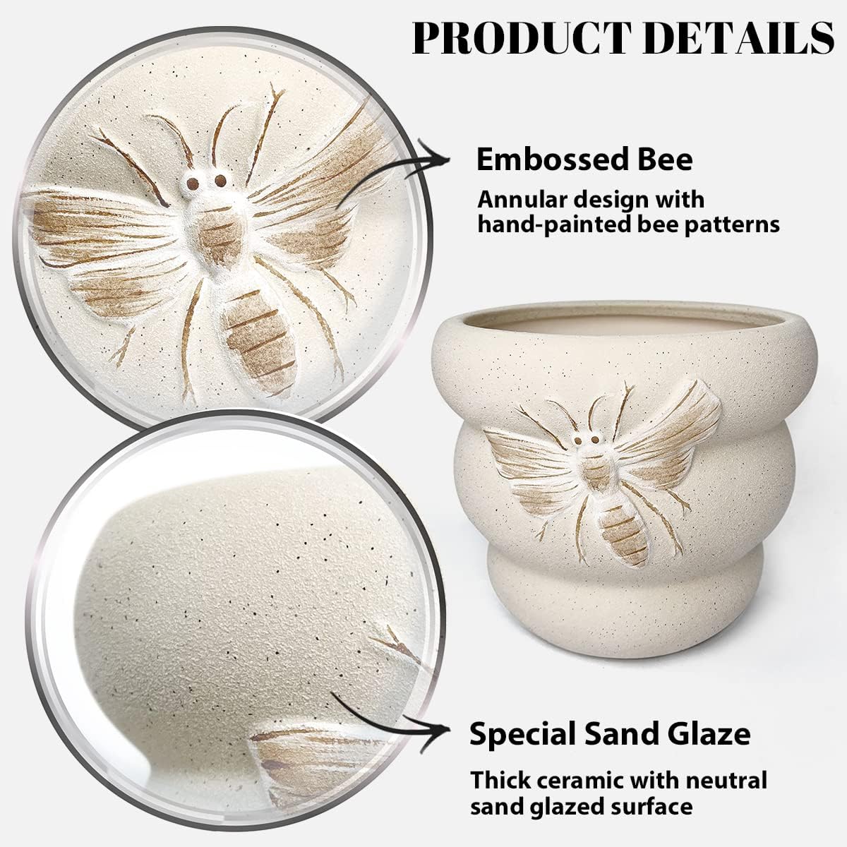 YBX – Macetas de cerámica de 8 pulgadas + 6 pulgadas con orificio de drenaje, decoración de abejas, macetas para plantas de serpientessuculentas de