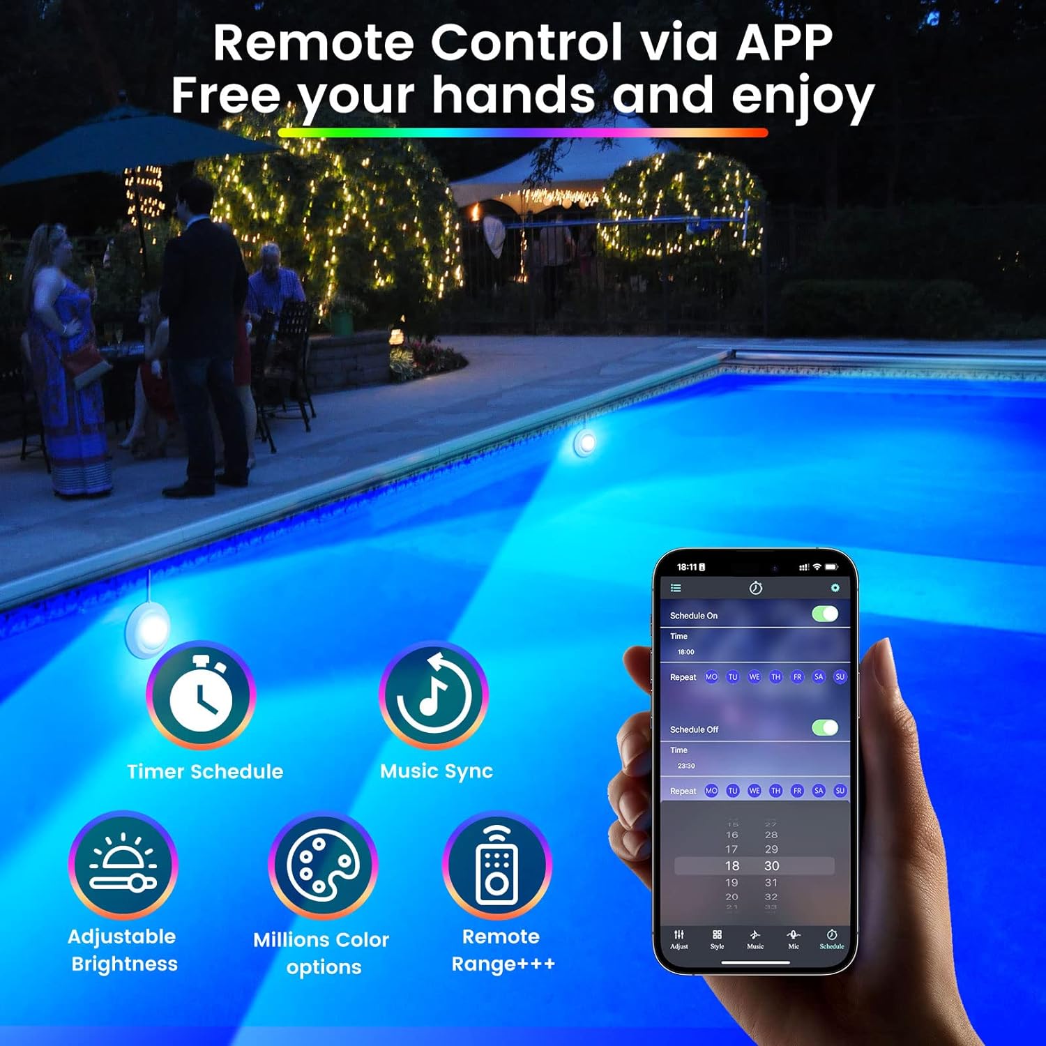 LyLmLe Luces LED de piscina de 20 W, luces subacuáticas inteligentes de 12 V con control de aplicación, cronograma de temporizador, luces magnéticas