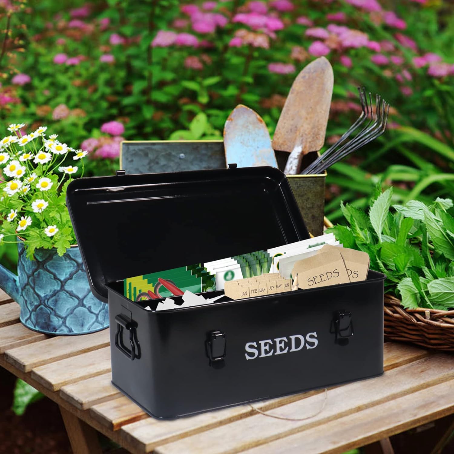 Caja de almacenamiento de semillas, contenedor de semillas de metal, organizador de almacenamiento de semillas con tapa, caja de almacenamiento de