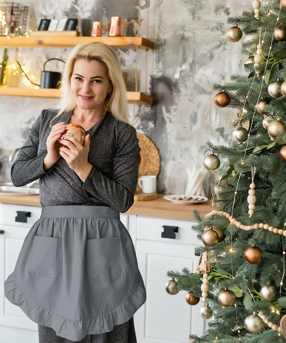 CBTRFASHION Delantales de cintura para mujer con bolsillos blancos, mitad de servidor, camarera en casa, delantal vintage para cocina