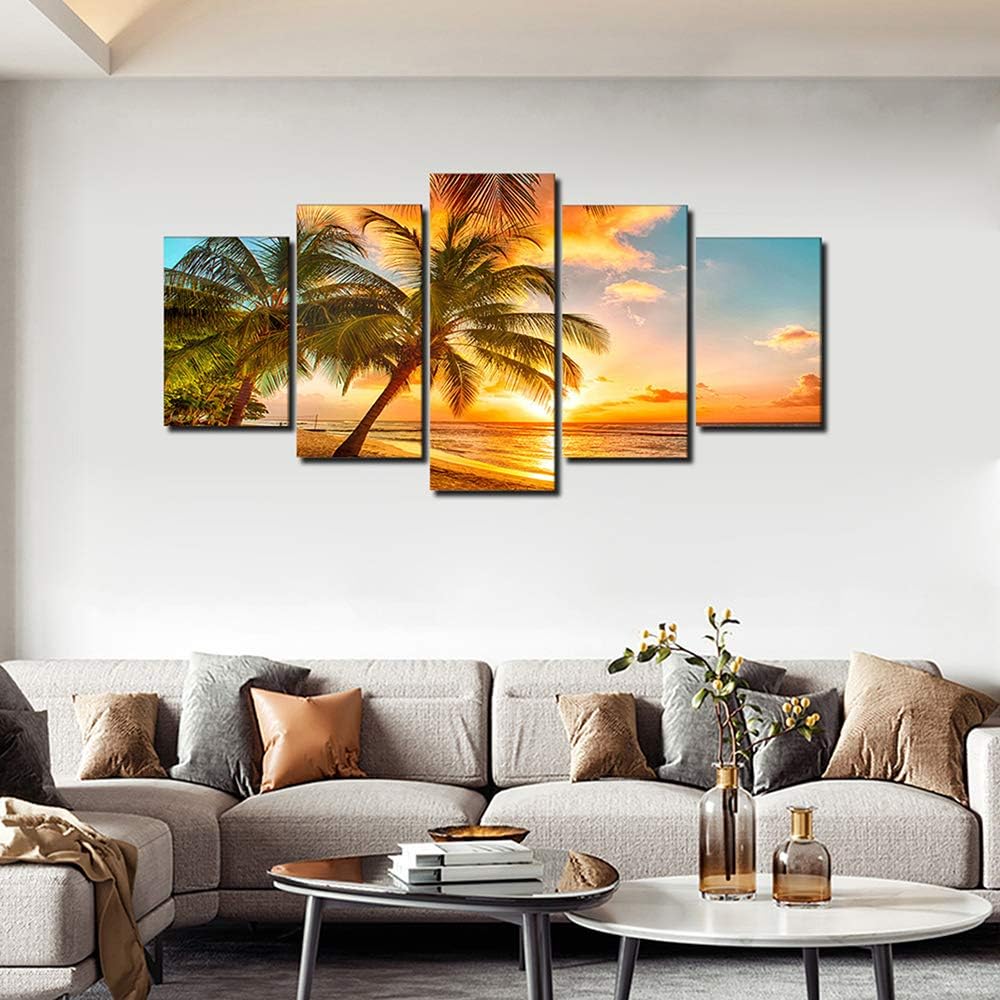 Póster de paisaje marino dorado, arte de pared de playa y océano, obra de arte acogedora de mar, puesta de sol y mar, playa, lienzo, pinturas sobre