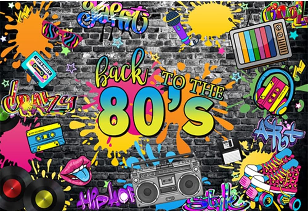 AWERT Fondo de fiesta temática de los años 80 de 10 x 6.5 pies, retro, hip hop, graffiti, pared, radio, TV, disco, fotografía, fondo de regreso a