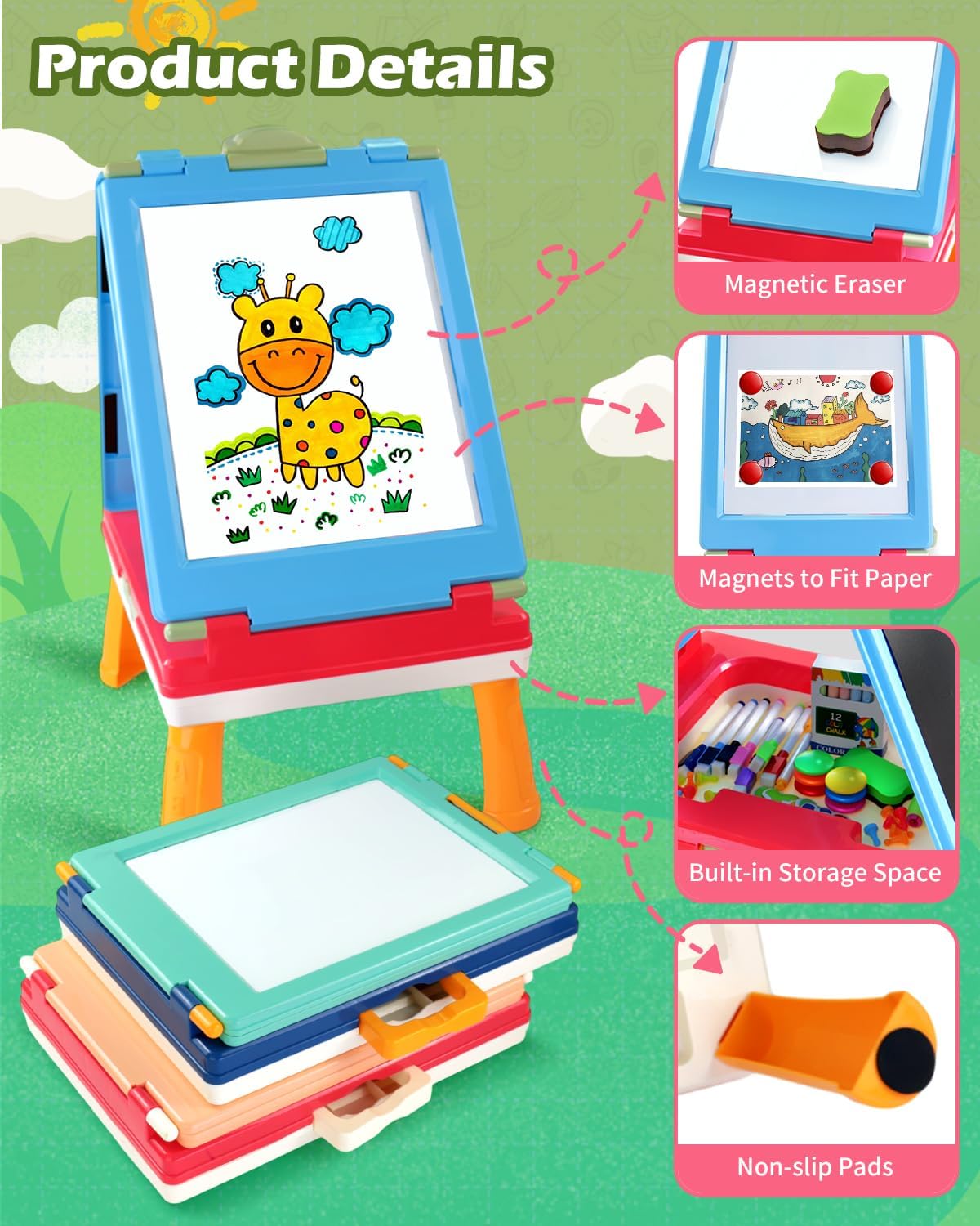Elovien Caballete para niños, caballete de mesa para niños pequeños, caballete de arte plegable 4 en 1 de doble cara para niños con pizarra y