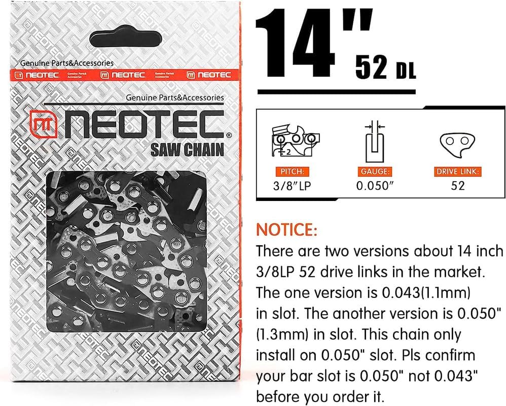 NEO-TEC Cadena de motosierra S52 de 14 pulgadas de paso LP de 38 pulgadas, calibre de 0.050 pulgadas, 52 eslabones de transmisión para motosierra
