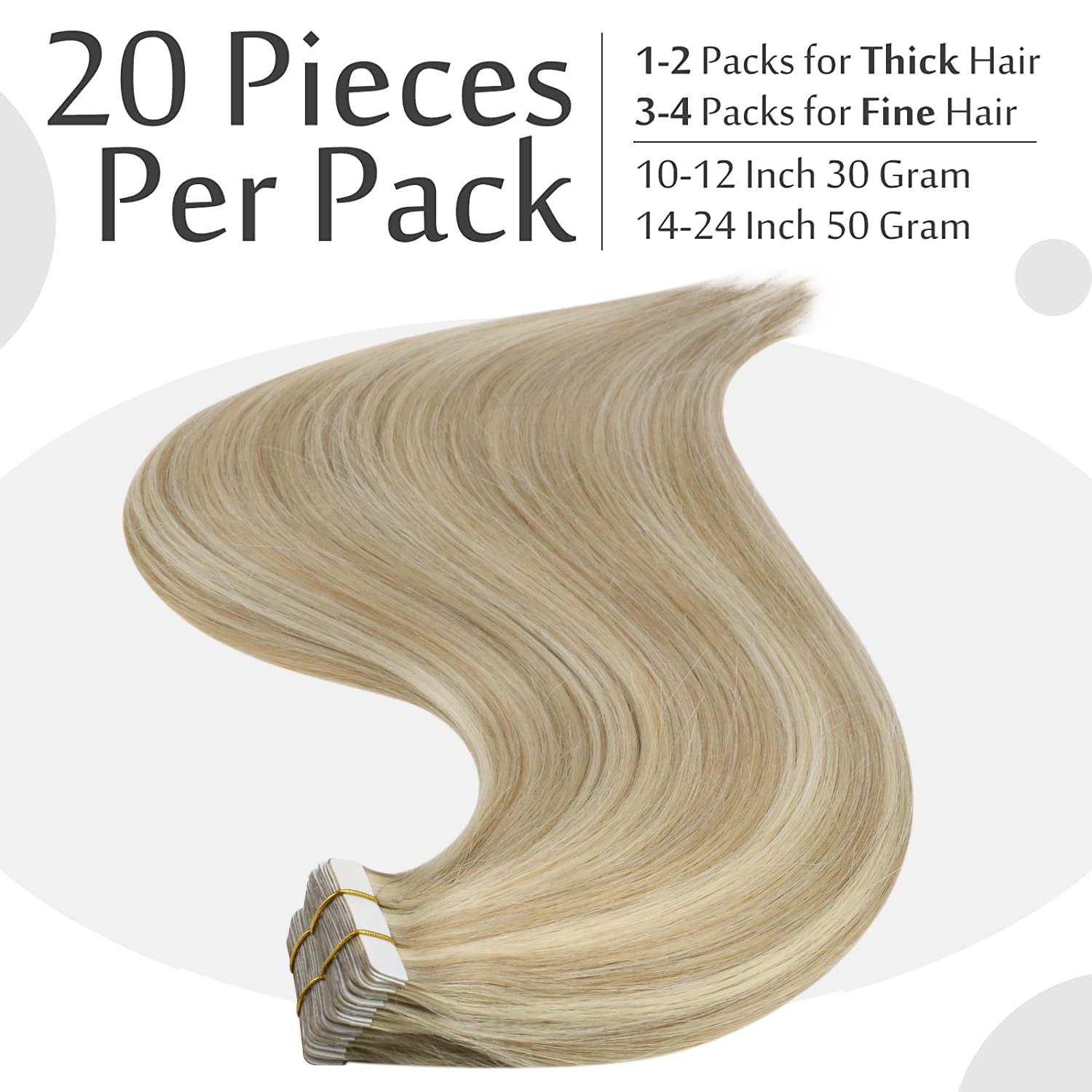 Full Shine – Extensiones de cabello humano con cinta adhesiva de color rubio dorado, reflejos rubio medio, extensiones adhesivas de doble cara de