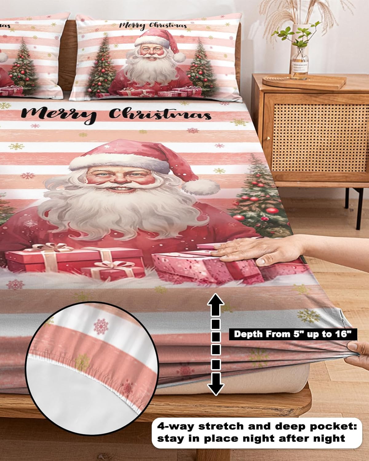 Sábana bajera tamaño Queen con bolsillos profundos, diseño de árbol de Navidad de Papá Noel, rosa y blanco, funda de colchón de microfibra cepillada