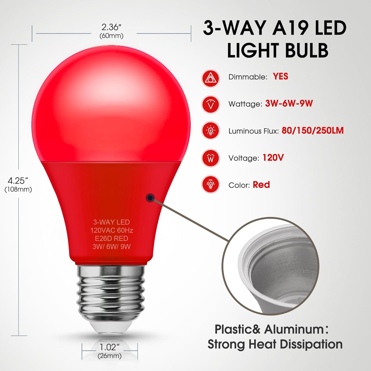 Briignite Bombillas rojas de 3 vías, bombillas LED de 3 vías equivalentes a 30 70 100 W, bombillas rojas de 3 vías, bombillas A19 de tres vías, base
