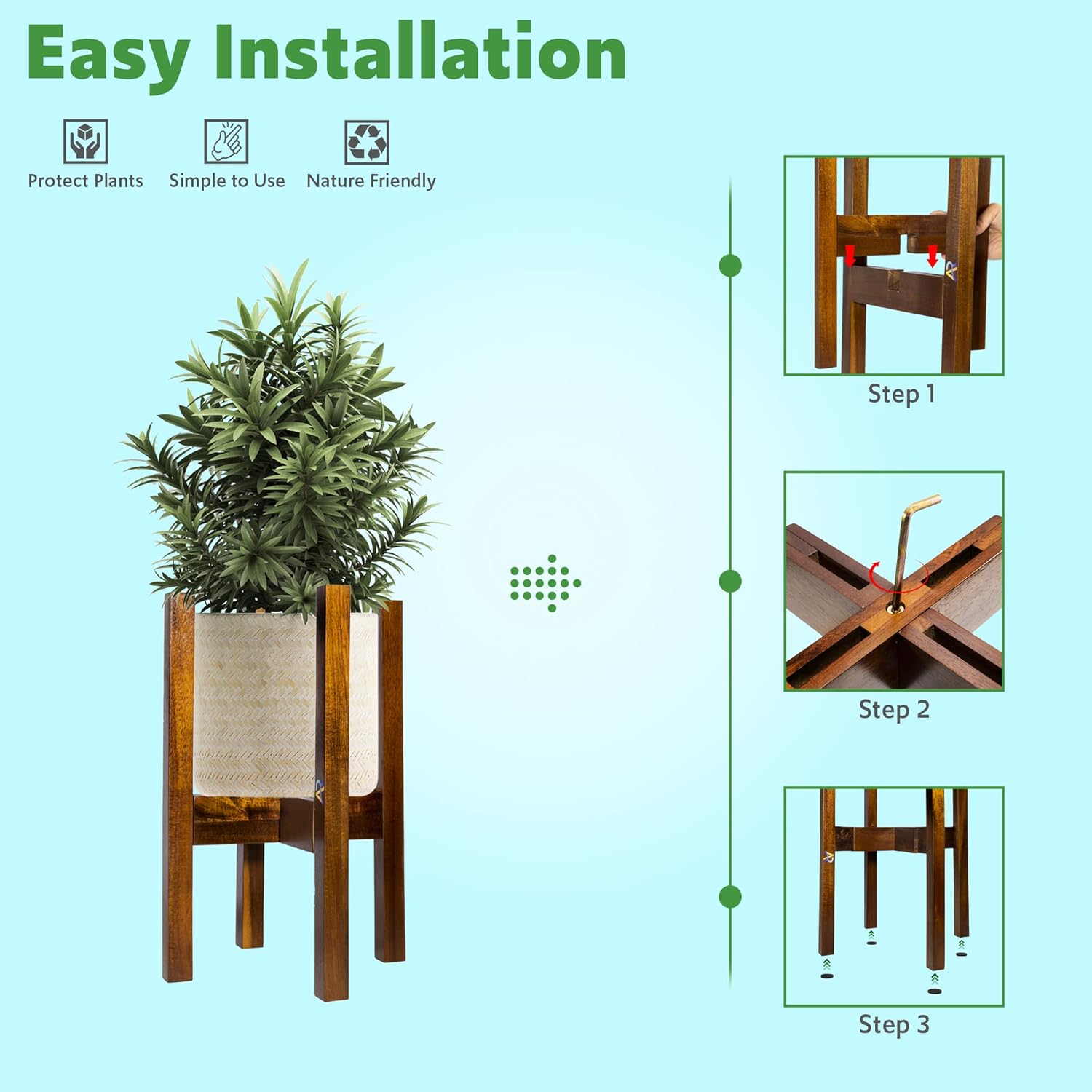 A & R Soporte ajustable de madera de acacia para plantas de 8 a 12 pulgadas, soporte moderno de mediados de siglo con bandeja para macetas