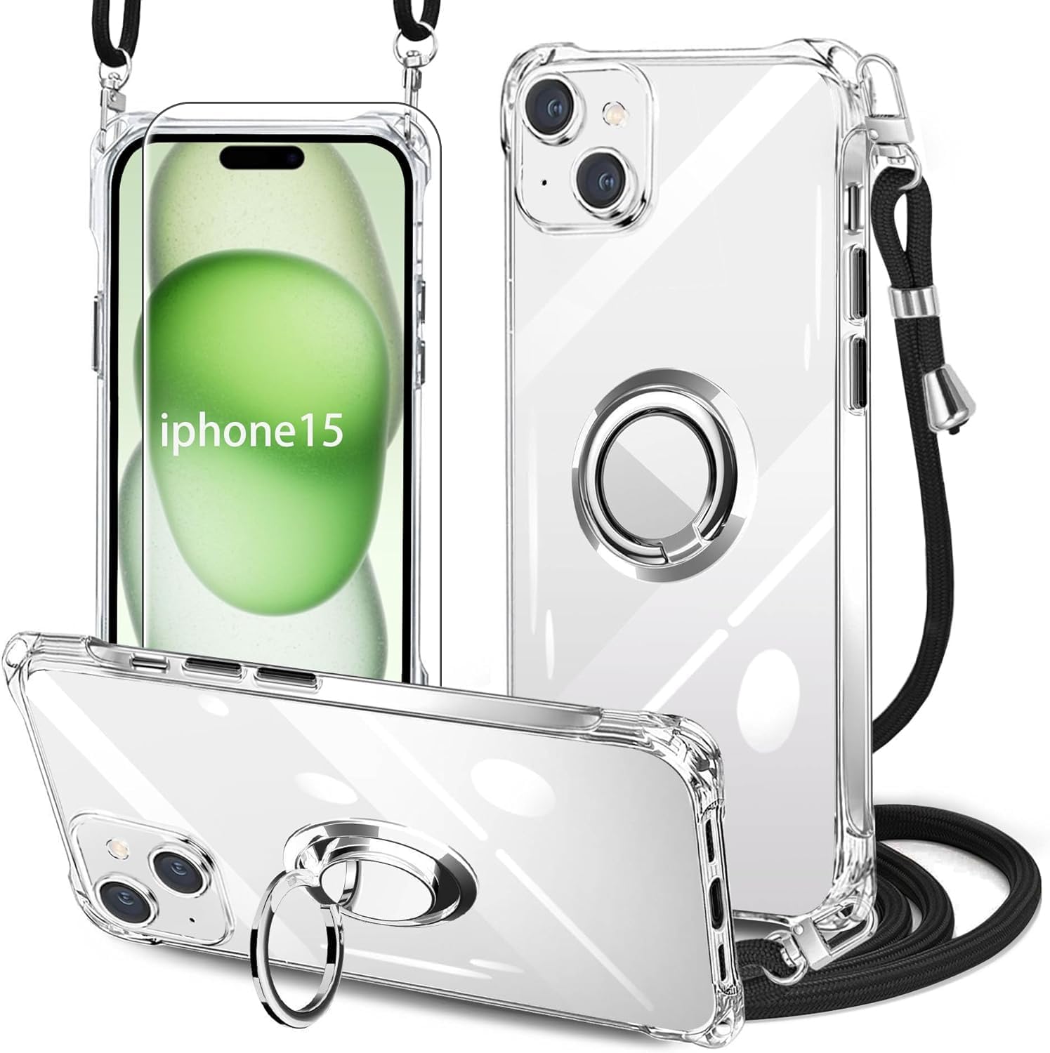 Diseño para iPhone 15 Plus, transparente, transparente, a prueba de golpes, ajustable, extraíble, bandolera, nailon, con 1 protector de pantalla,