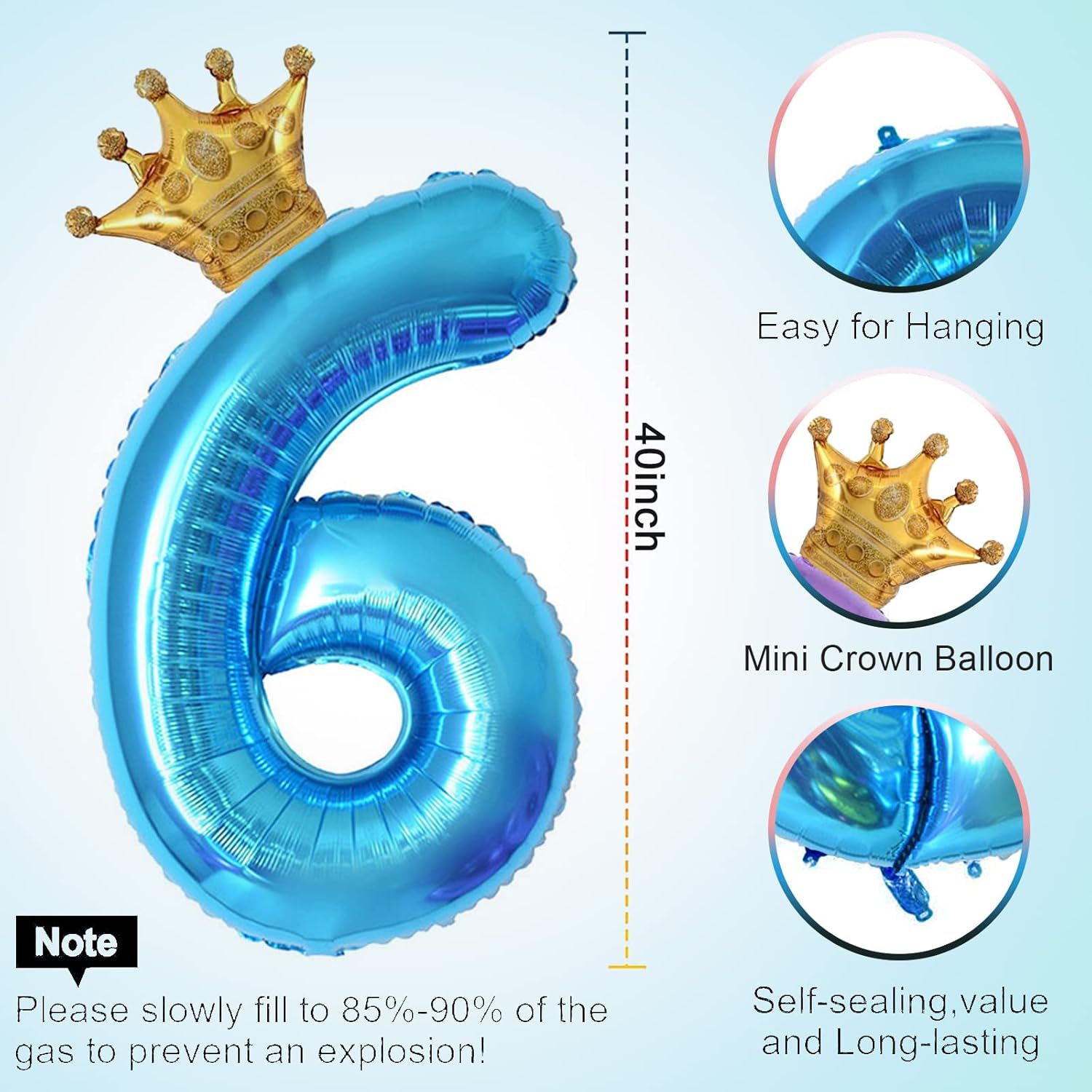 Globo azul de 40 pulgadas con número 6 y corona pequeña para decoraciones de fiesta de cumpleaños, decoraciones de fiesta de cumpleaños de 6 años,
