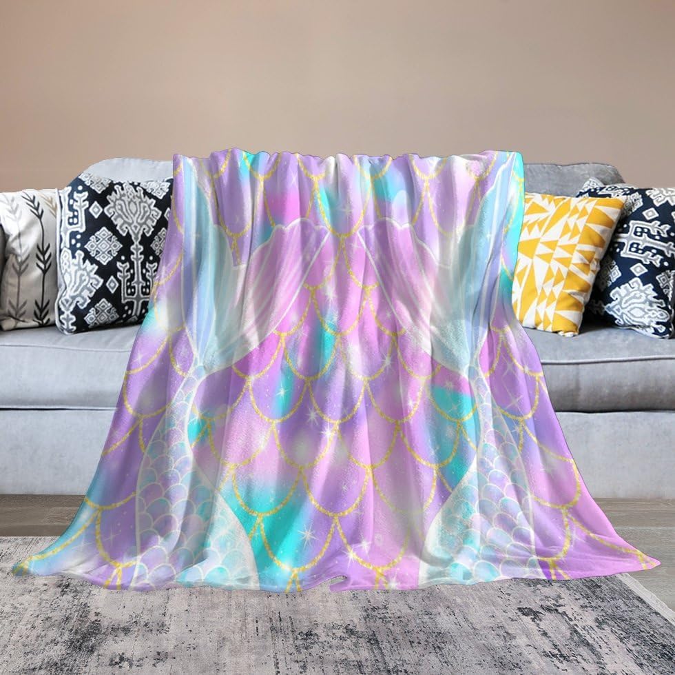 Manta de cola de pez de sirena rosa con estampado de fondo de sirena para niña, 30 x 40 pulgadas