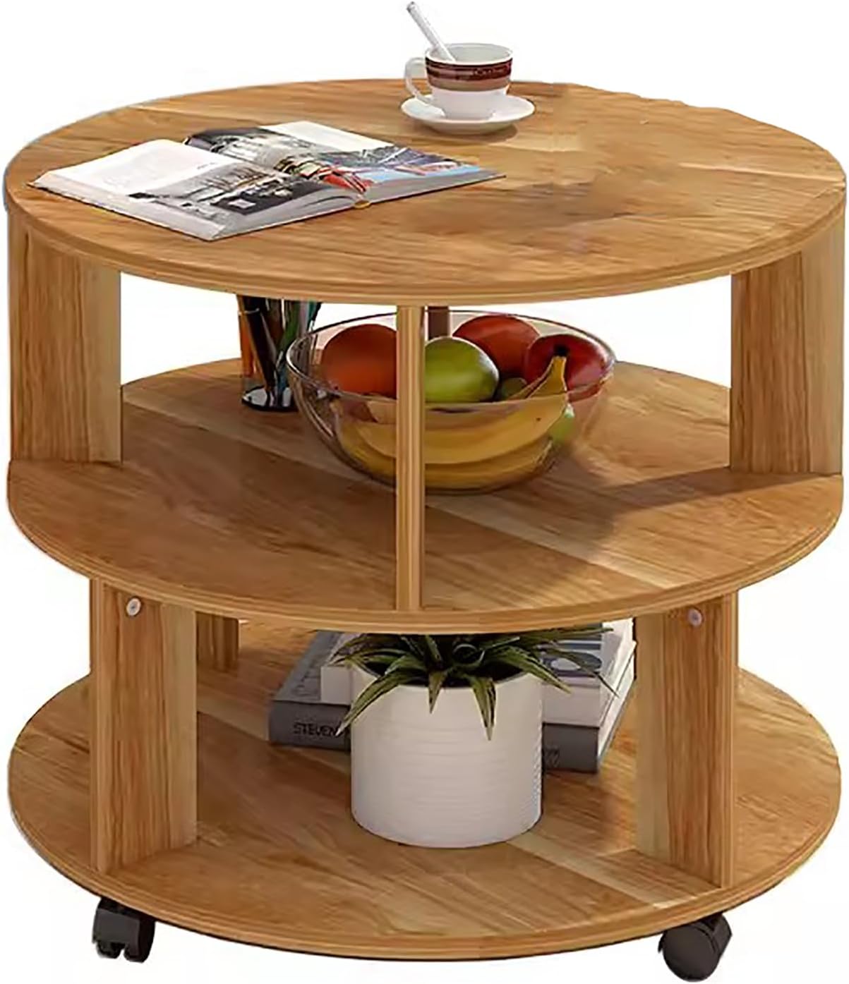 Mesa auxiliar redonda moderna con almacenamiento, mesita de noche con estantes de 2 niveles, mesa de centro pequeña de madera con ruedas, mesa