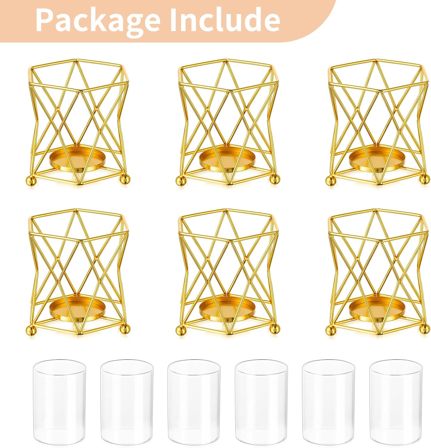 NUPTIO Portavelas geométricos dorados 6 piezas de mesa de té de boda con taza votiva de vidrio a granel moderno geométrico candelita portavelas para