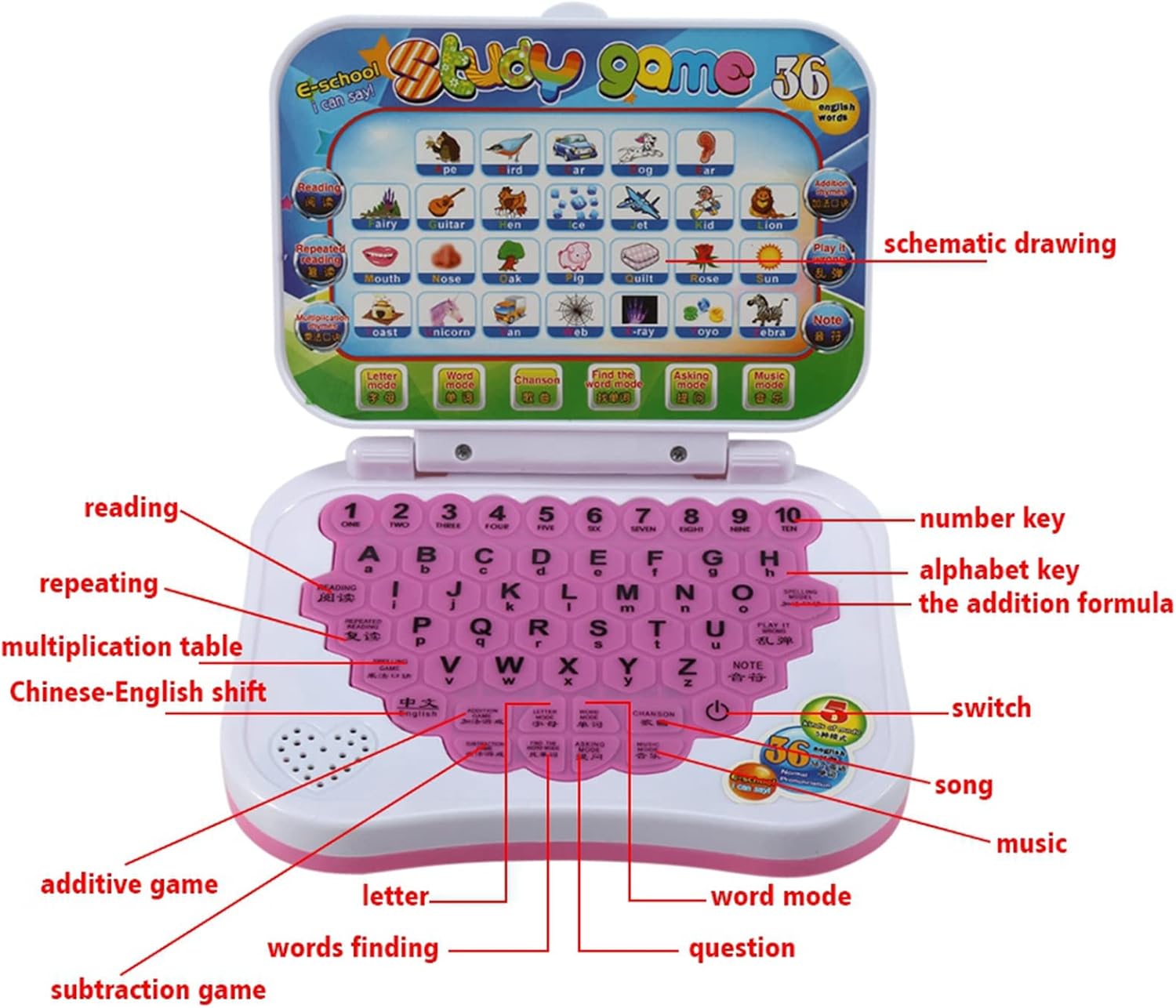 Alomejor Portátil para niños, bebé bilingüe educativo electrónico aprendizaje juguetes niños juego de computadora para regalos