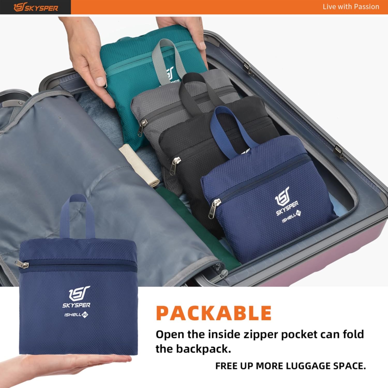SKYSPER Mochila de senderismo plegable de 20 litros, mochila de viaje pequeña, ligera, plegable, para hombres y mujeres, mochilas de viaje, Azul
