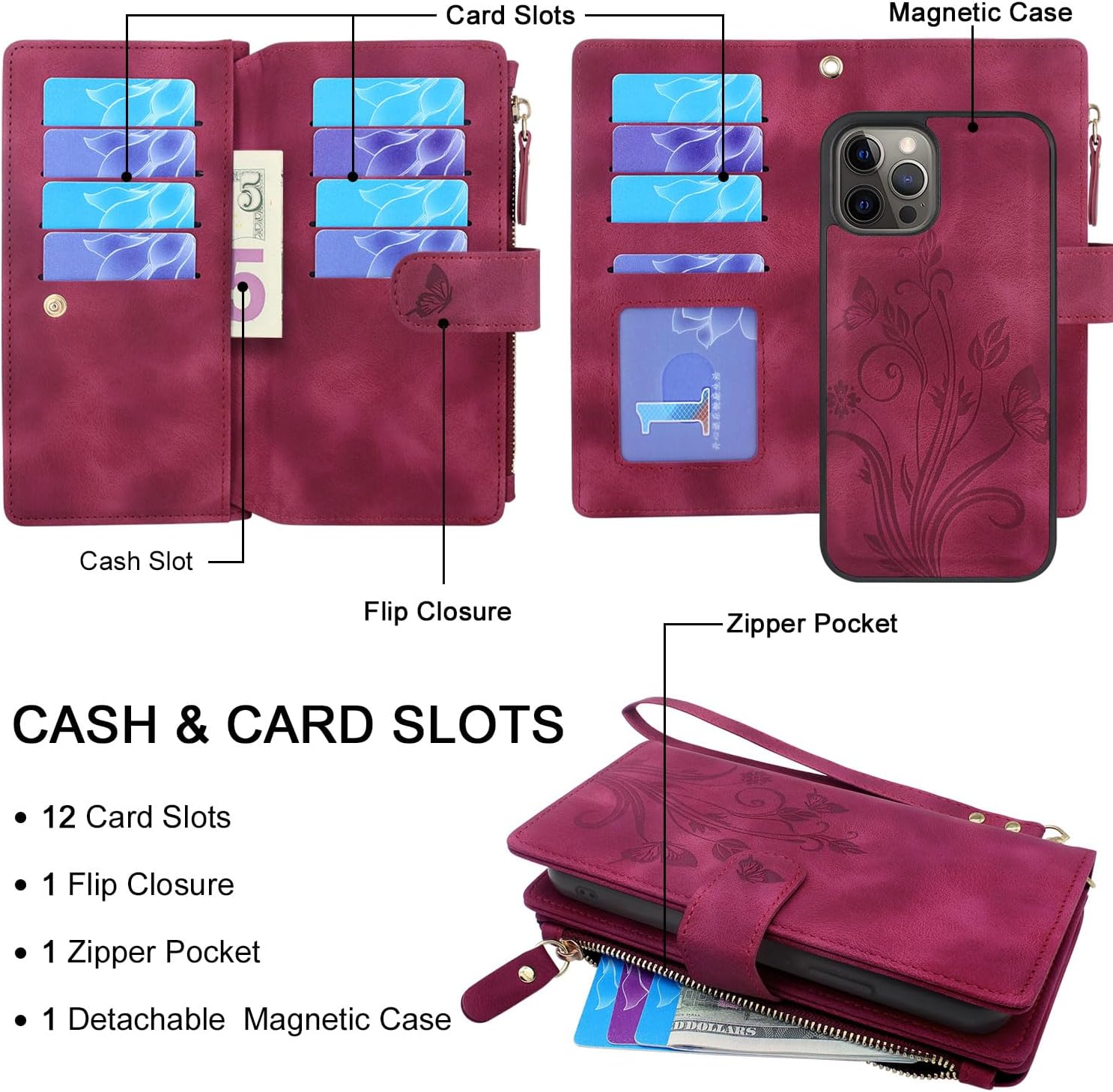 Lacass Funda compatible con iPhone 12 Pro Max 12 ranuras para tarjetas Soporte para tarjetas de identificación y crédito para efectivo, bolsillo con