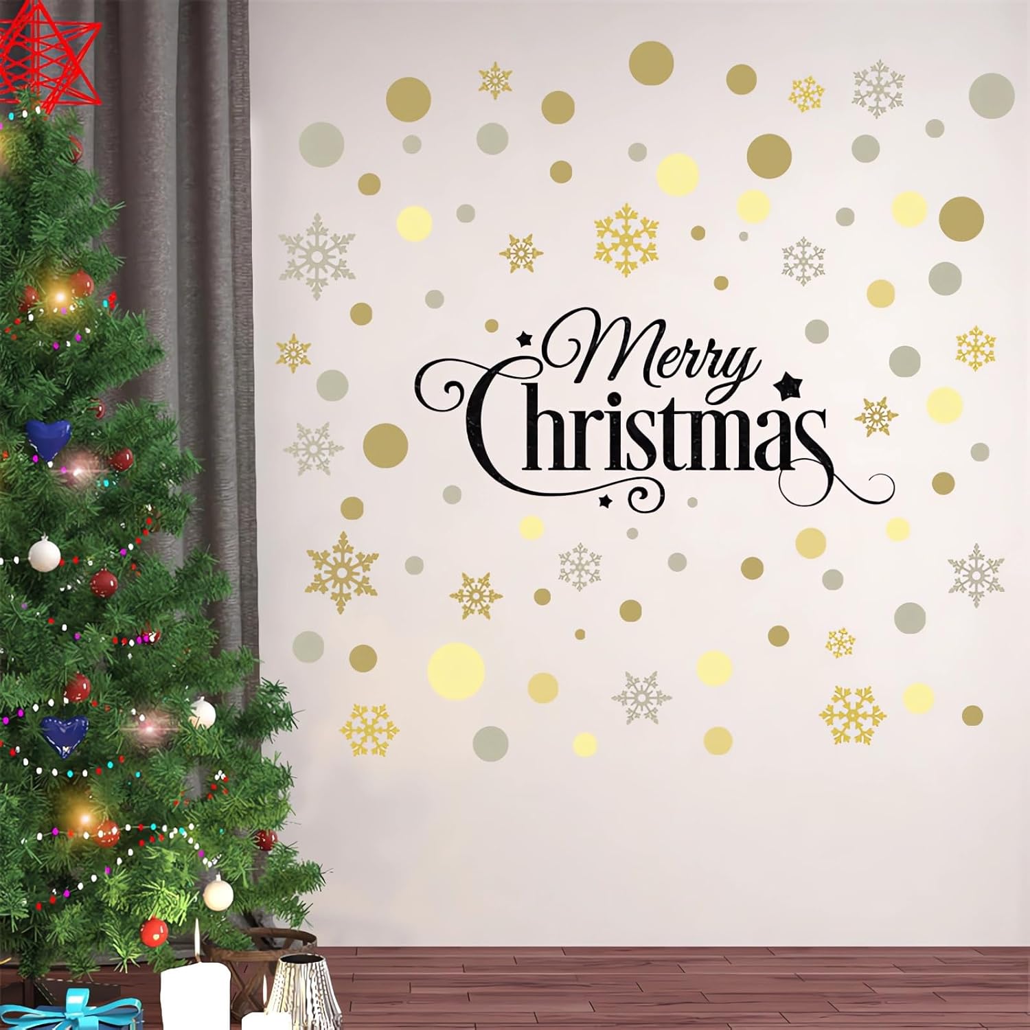 Calcomanías de pared de copos de nieve de lunares dorados, marrones y grises, vinilo extraíble para decoración de Navidad, sala de estar,