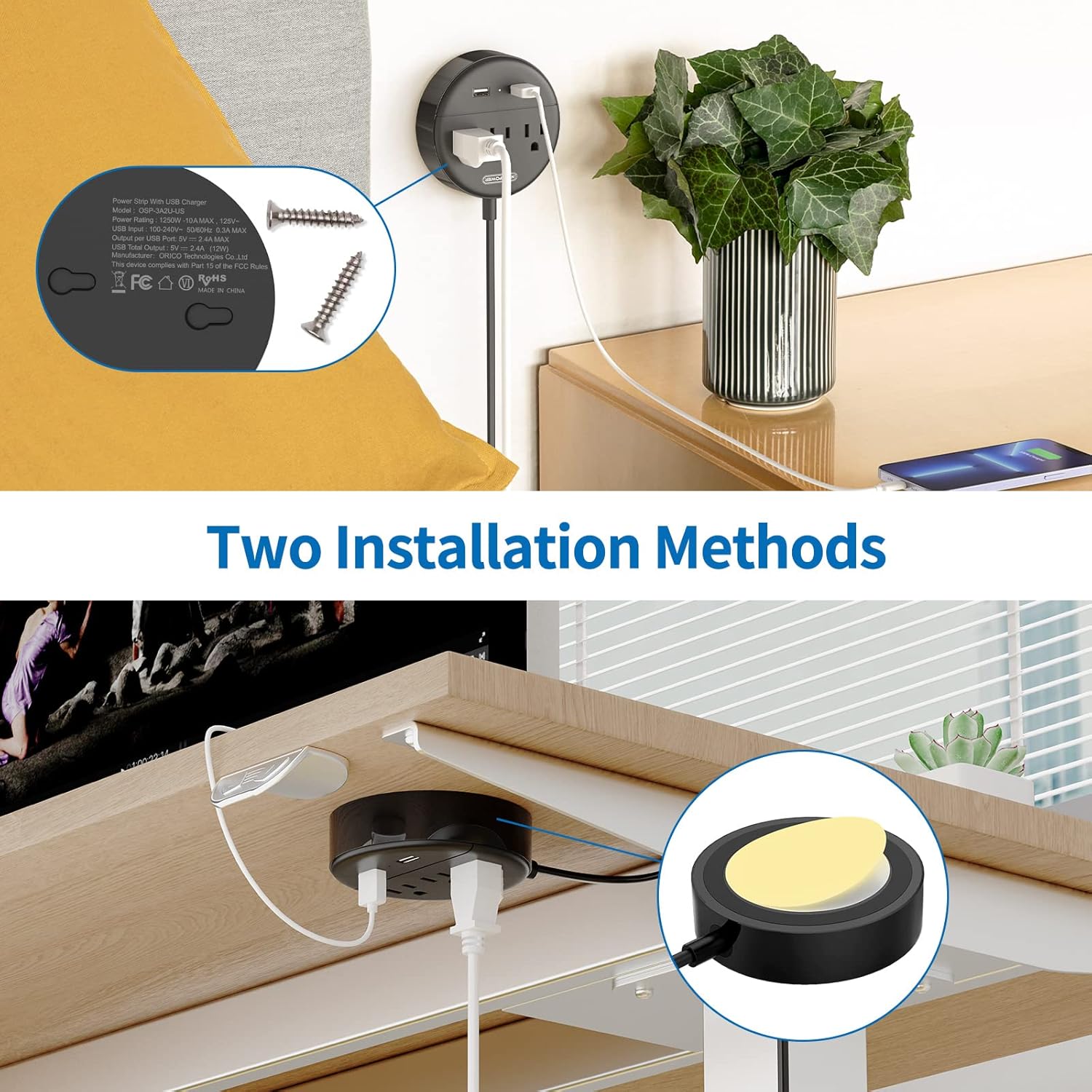 NTONPOWER Regleta de alimentación de 2 clavijas, adaptador de salida de 2 clavijas a 3 clavijas, cable de extensión de 2 clavijas de 5 pies, enchufe
