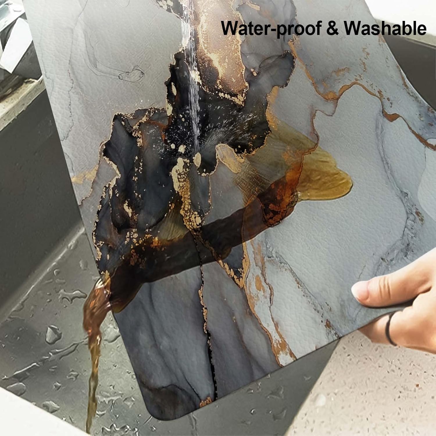 Lnond Juego de 4 manteles individuales de cuero de mármol negro con posavasos, lavables, resistentes a las manchas de calor, lavables para