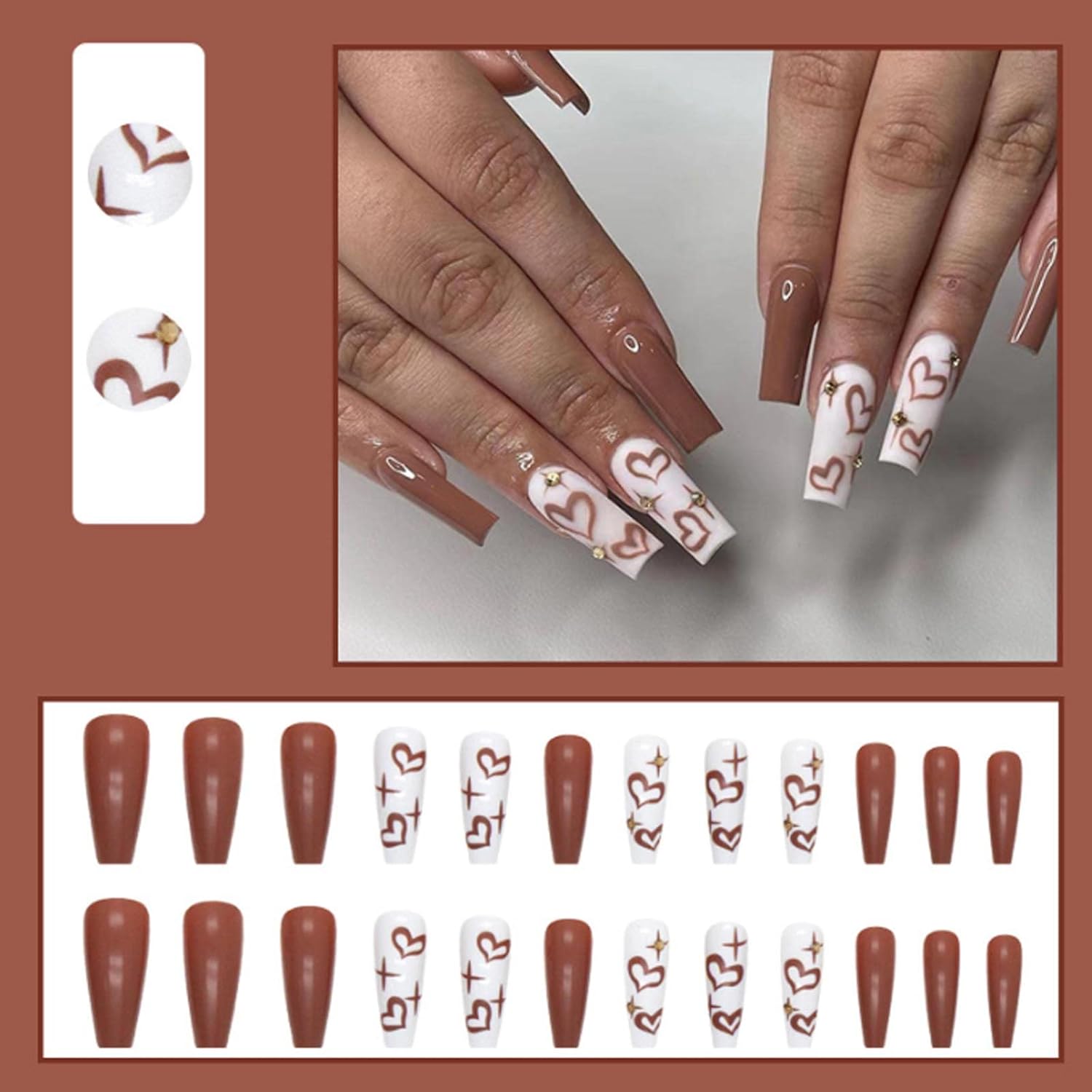 Uñas postizas largas a presión tipo ataúd de cobertura completa, uñas postizas acrílicas para mujeres (uñas de corazón marrón fino)