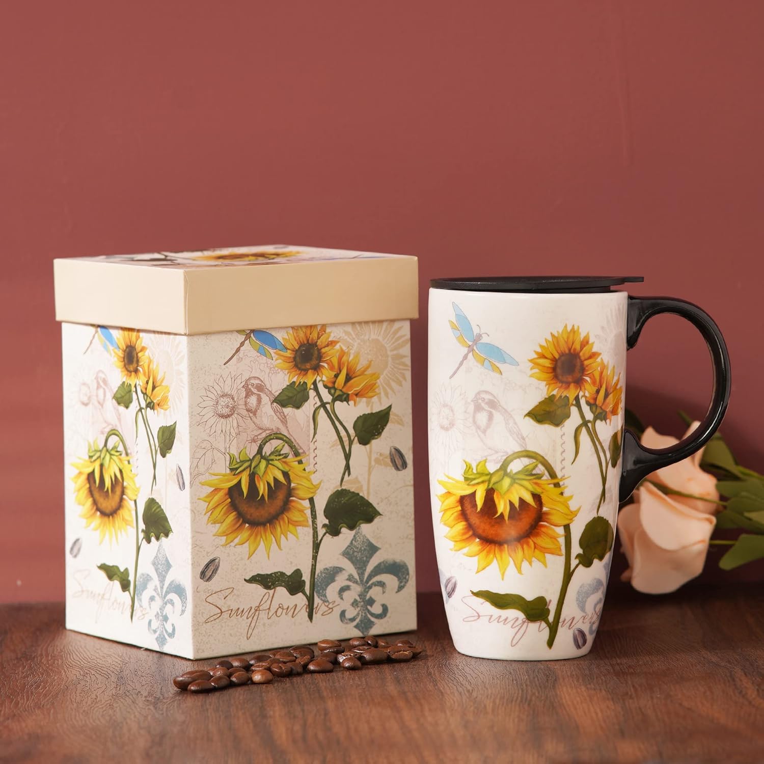 DUSVALLY Taza de café de cerámica con tapa, taza de té de latte de porcelana con asa 16.9 fl oz17 oz, girasol, regalos para mamá
