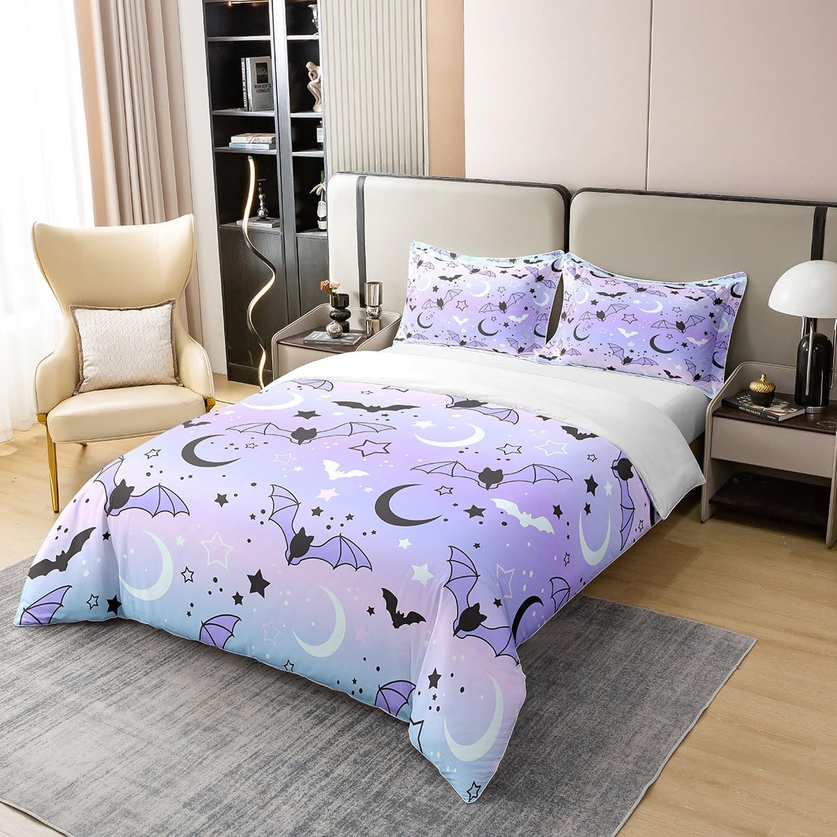 Helloween – Juego de ropa de cama de 100 % algodón natural, diseño de murciélagos y estrellas de galaxia, luna y neón para niños y niñas, decoración
