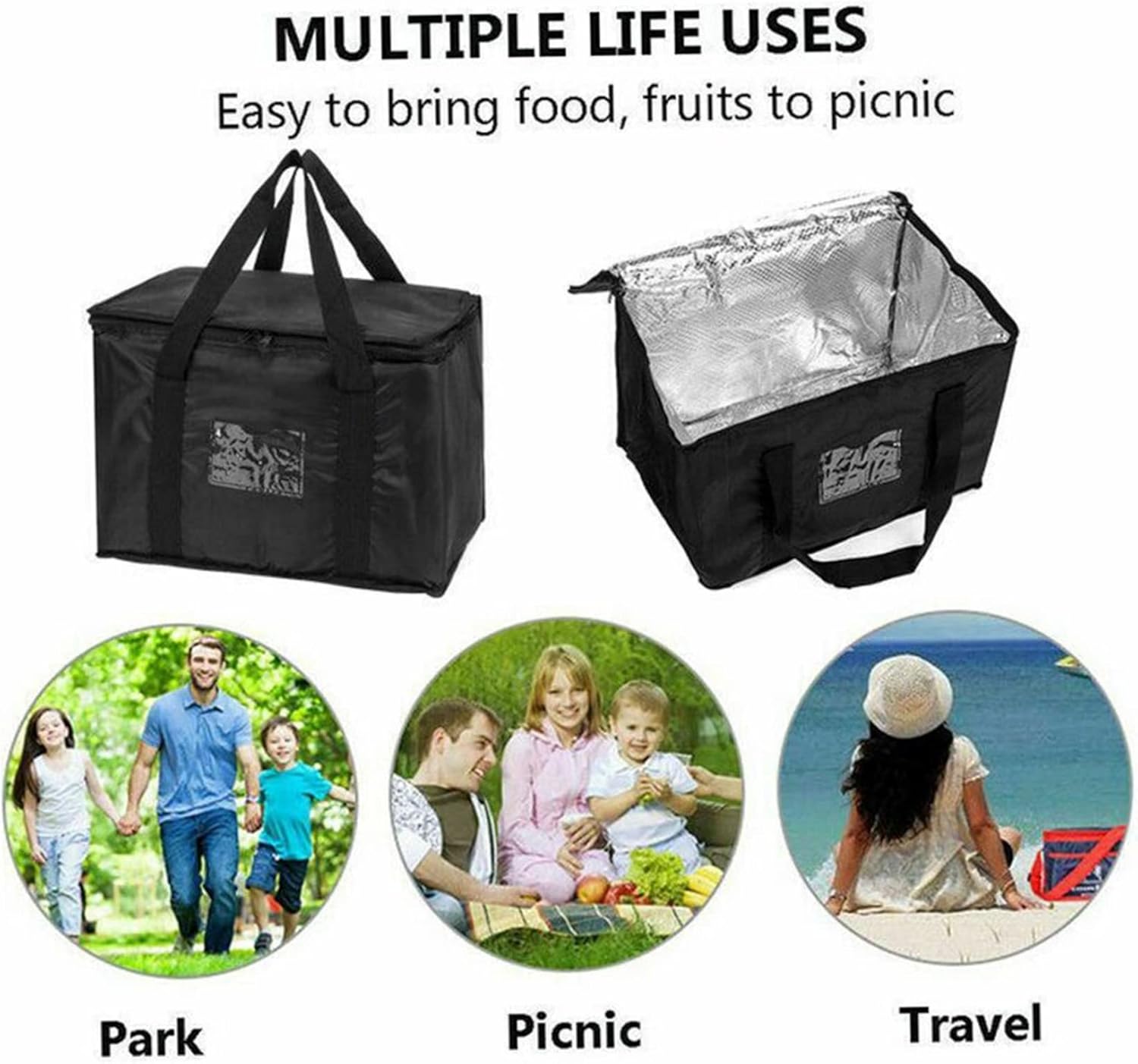 Bolsas de compras aisladas de 28L, negro, bolsa reutilizable, cremallera térmica, plegable, totalizador, enfriador, transporte de alimentos caliente