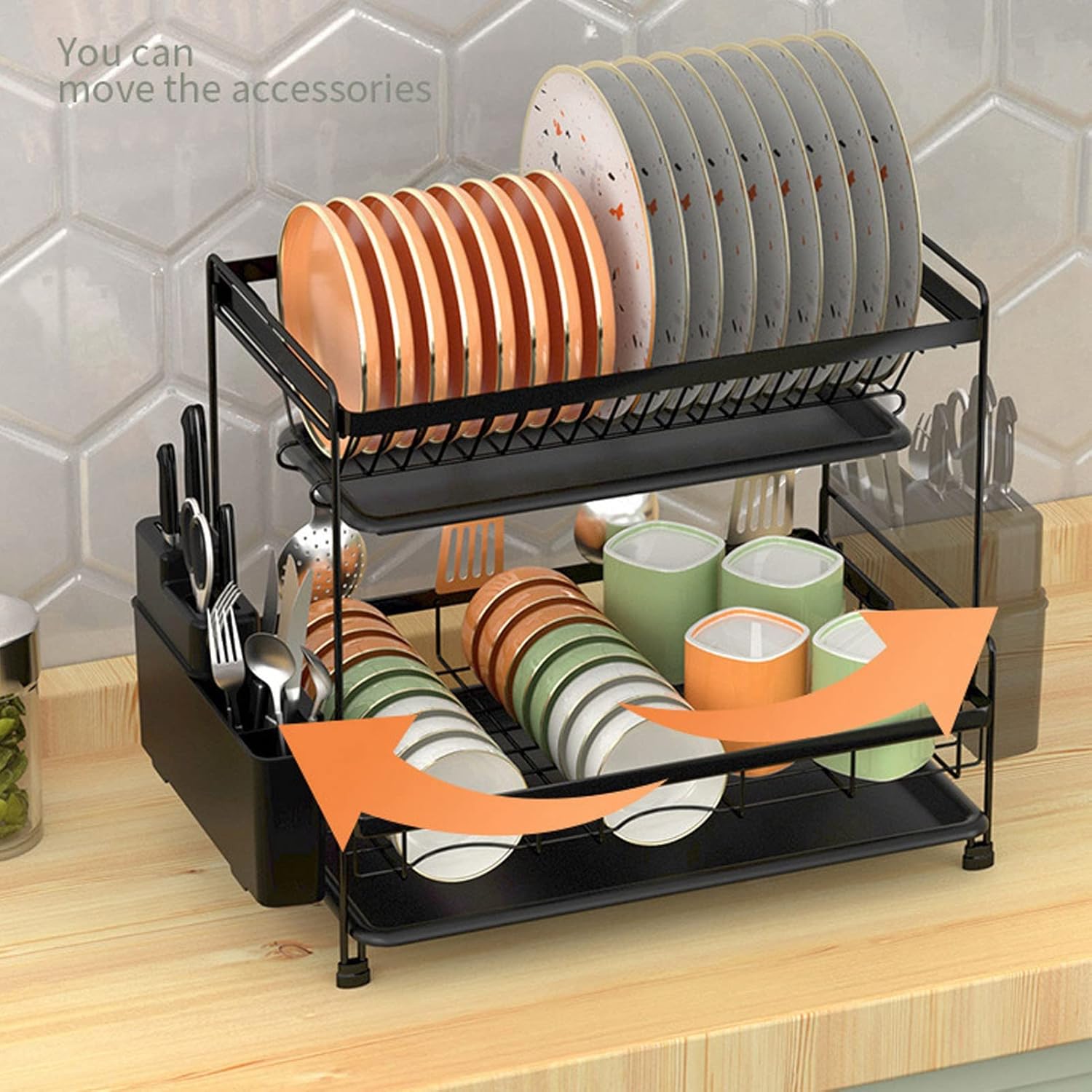 Escurridor de platos de 2 niveles con escurridor, acero al carbono a prueba de óxido, desmontable para organización de encimera de cocina y espacio