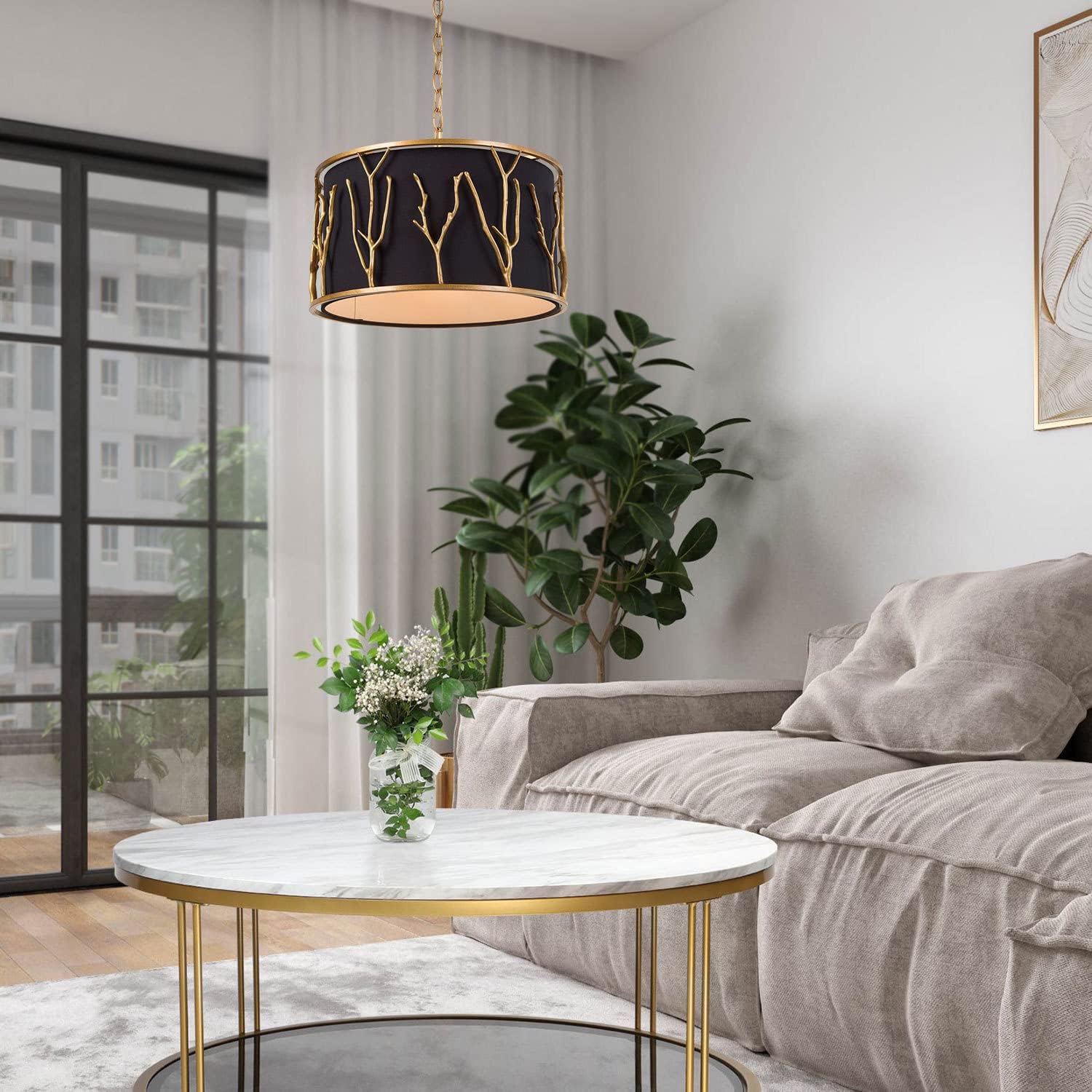 Durent Lighting Lámpara colgante de tambor de 4 luces con pantalla de tela negra y marco de cobre antiguo, lámpara redonda de 15.5 pulgadas con