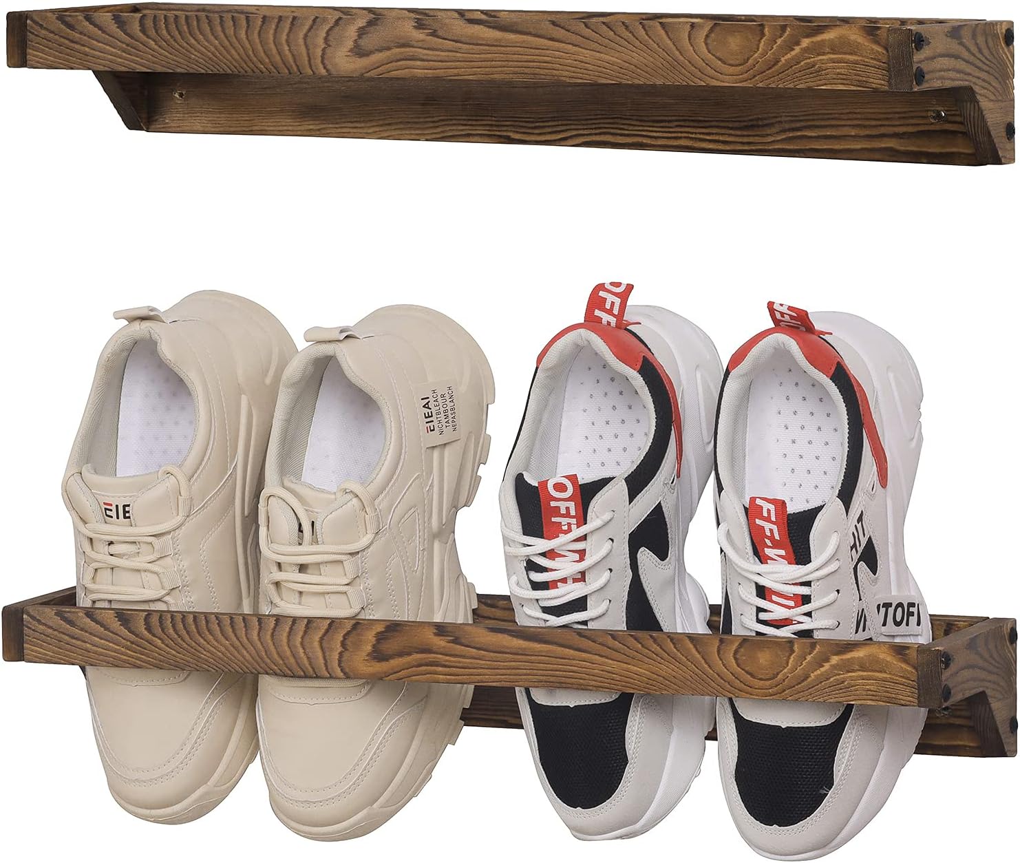 MyGift Juego de 2 zapateros de madera maciza montados en la pared con acabado rústico de madera quemada, soporte colgante para calzado para armario,