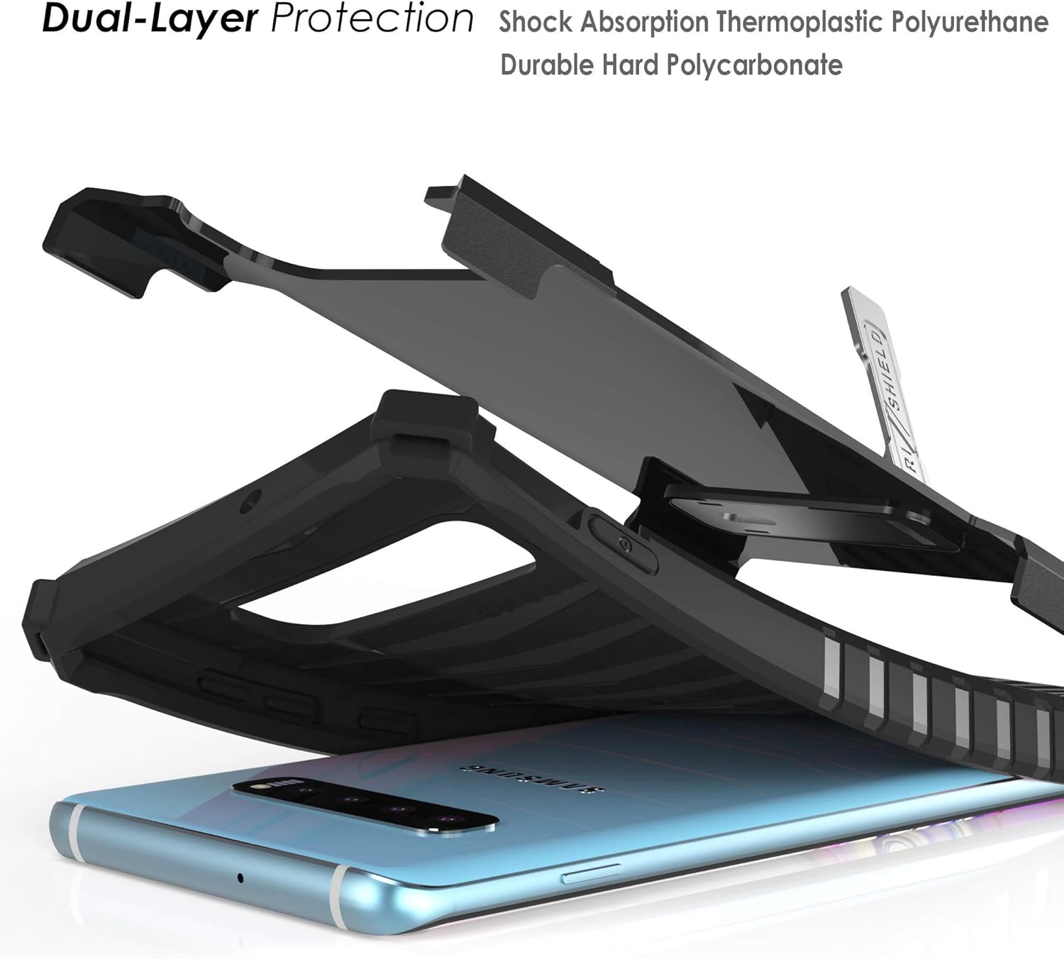Beyond Cell Serie Trishield compatible con funda S10+, cubierta resistente de grado militar + soporte de metal + funda de clip para cinturón –