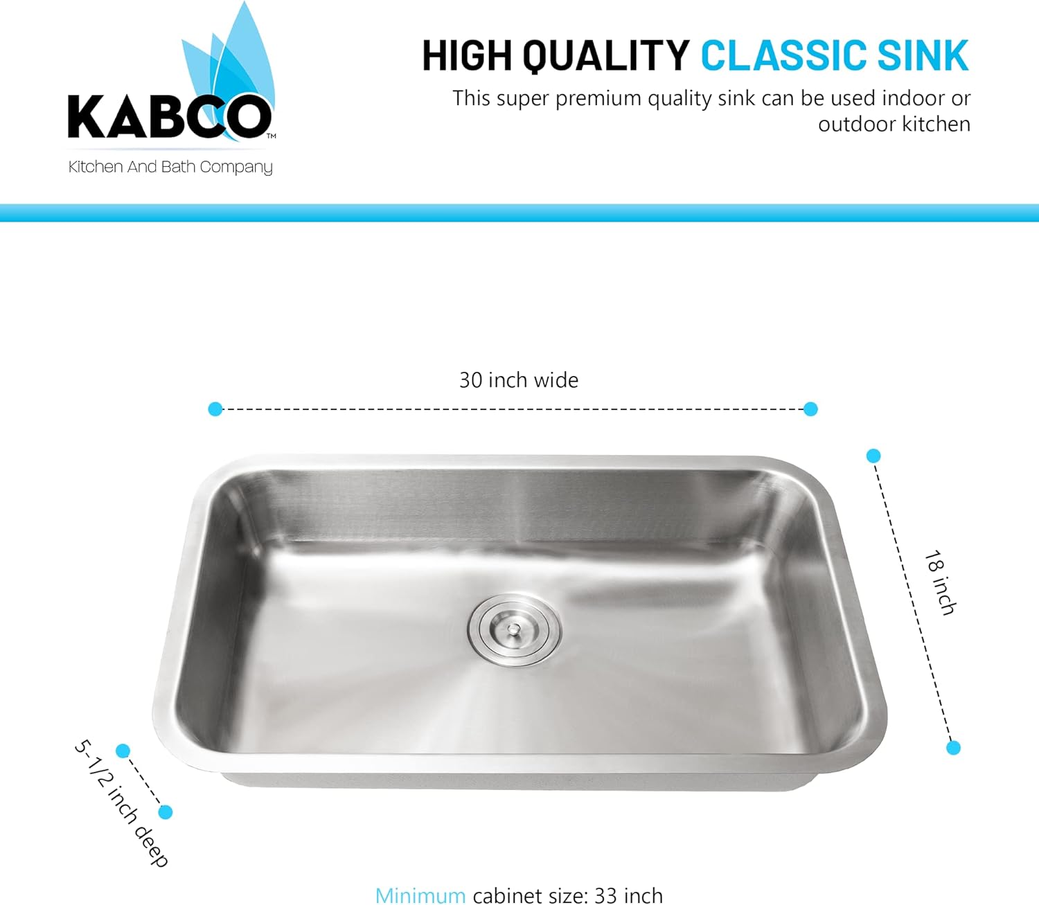 KABCO Fregadero de cocina de acero inoxidable de 30 pulgadas compatible con la ADA, con colador de fregadero, cesta de basura extraíble y rejilla de
