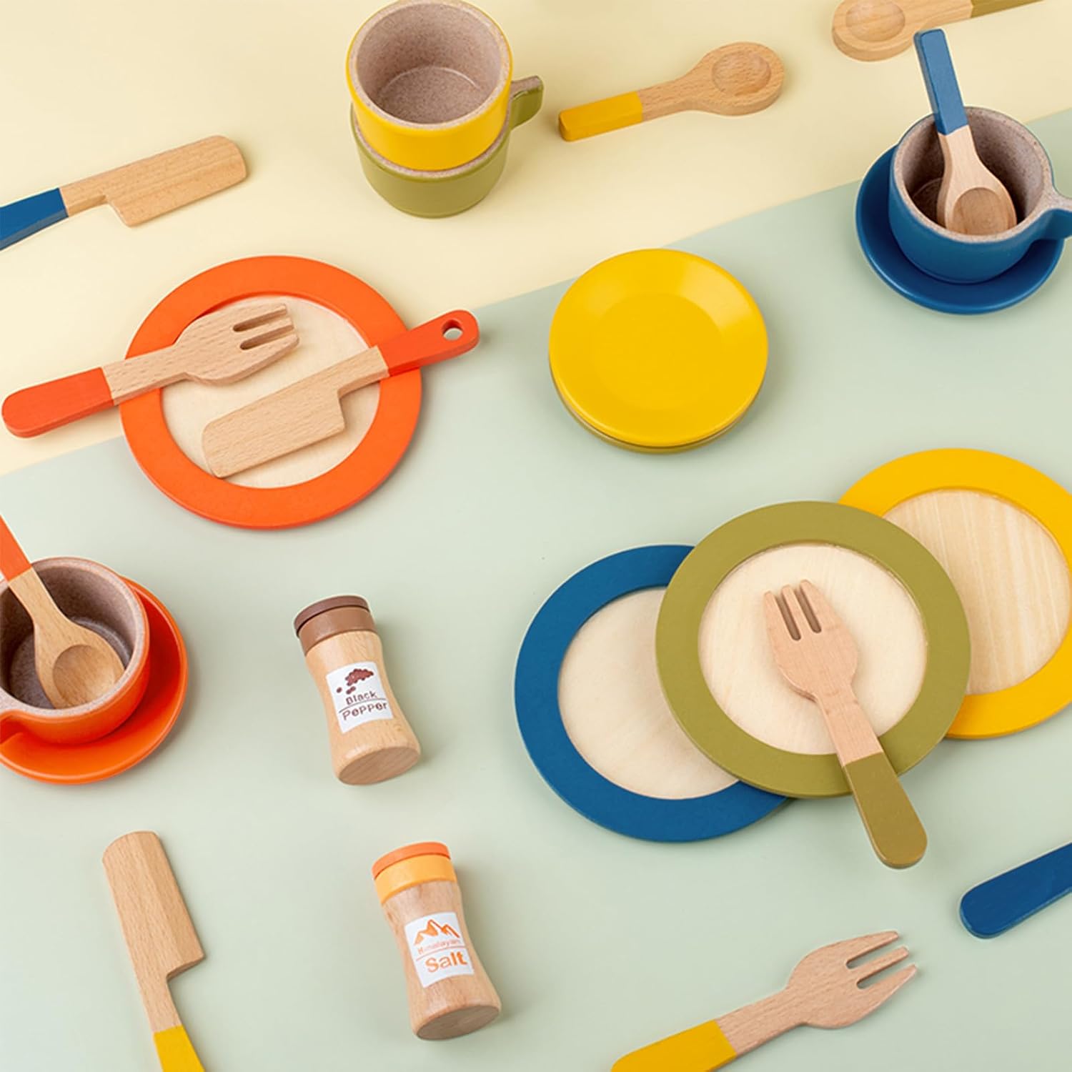 GAGAKU Juego de platos de madera para niños, platos de juego para la cocina de los niños, juego de platos de madera para niños pequeños, accesorios