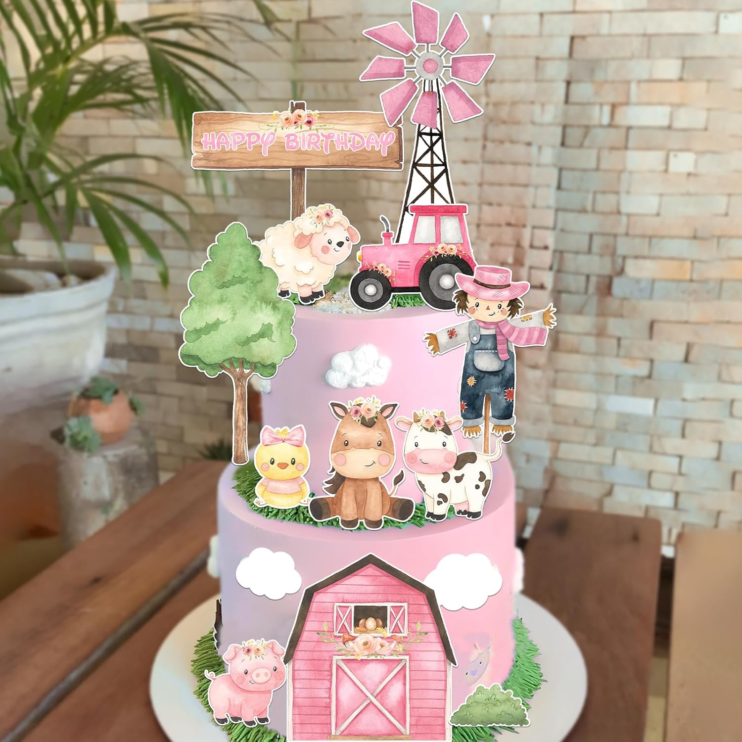 Decoración rosa para tartas de animales de granja, decoración de cumpleaños, 14 piezas de animales de granja, decoraciones para tartas, suministros