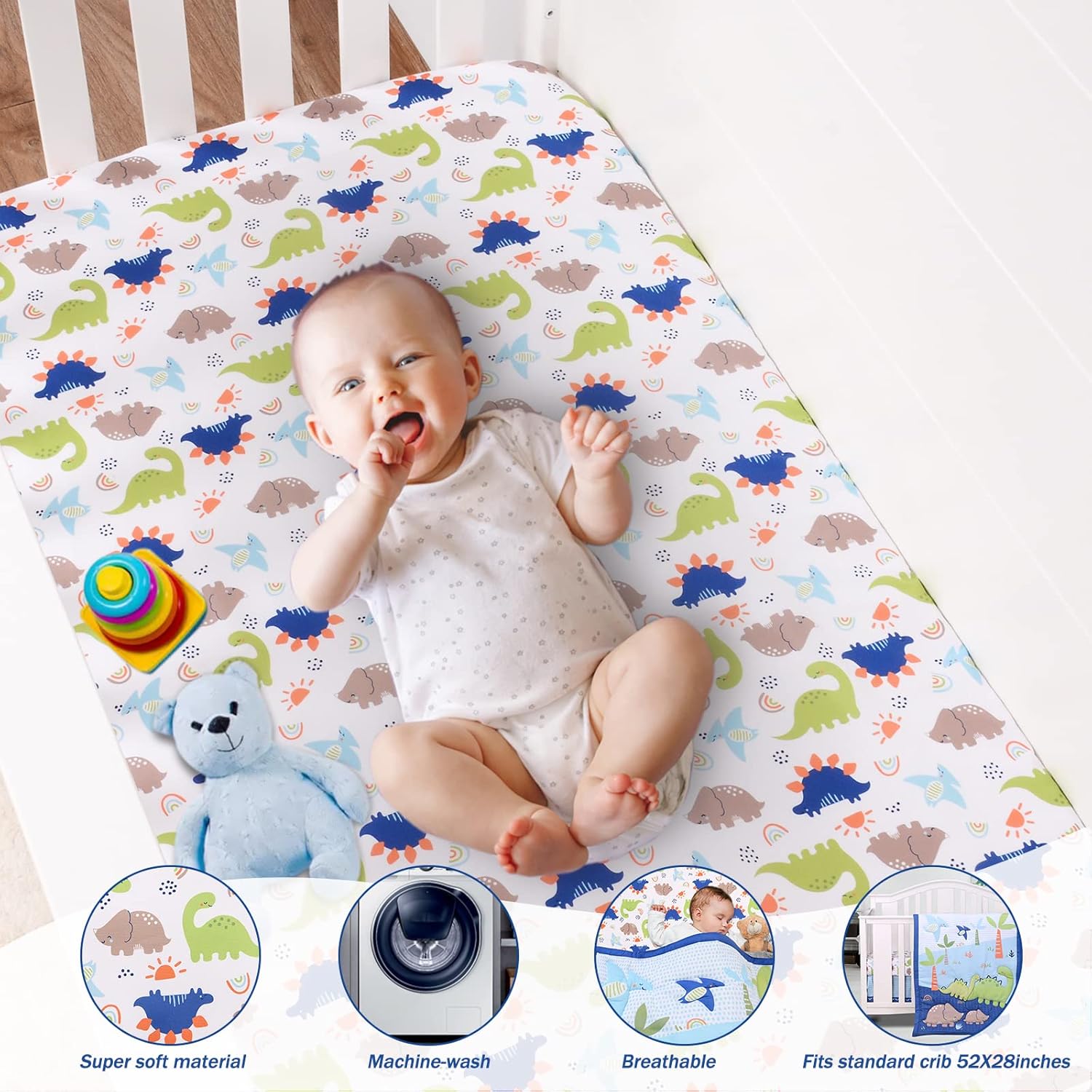 Juego de ropa de cama para cuna para niños, juego de cama de 3 piezas de dinosaurio de tamaño estándar, incluye edredón de cama de bebé, sábana