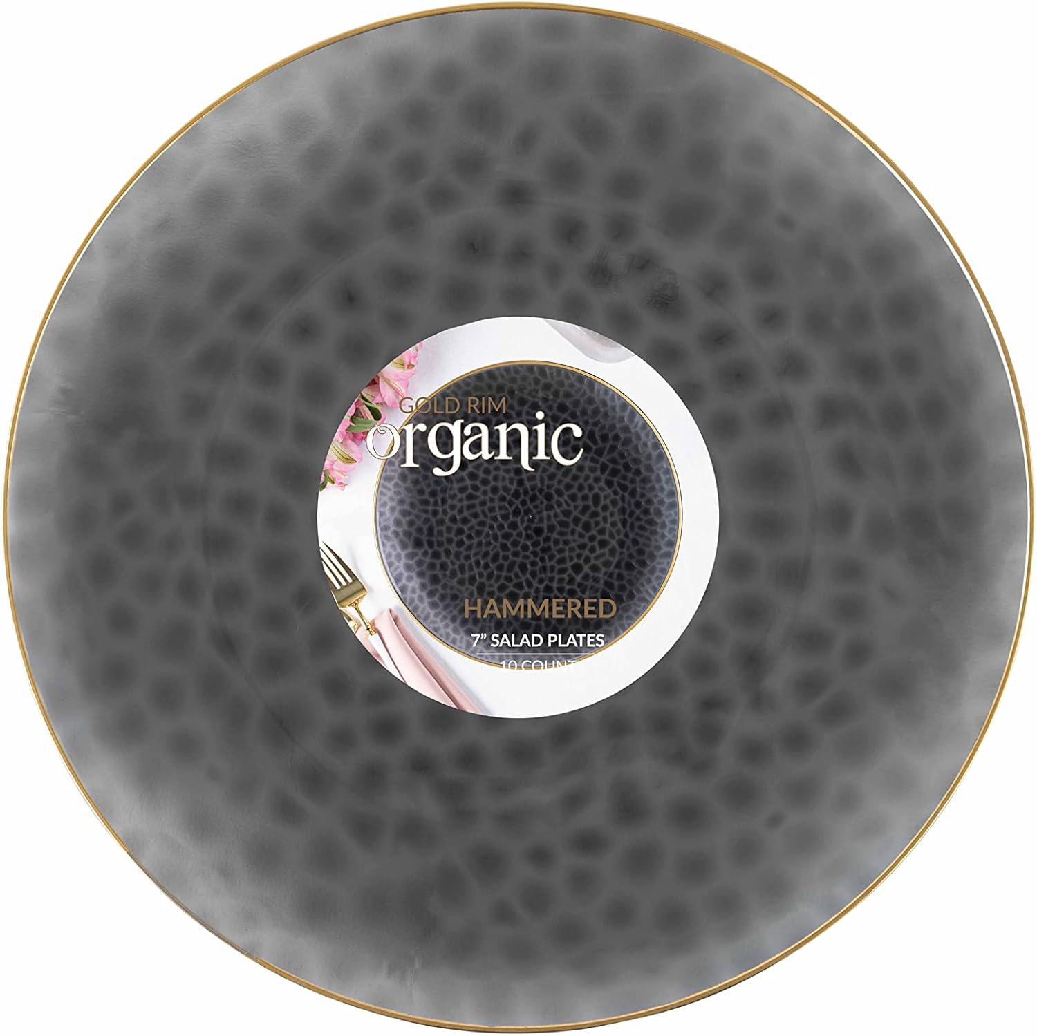 PARTY BARGAINS Organic Collection – Platos de cena de 7 pulgadas, color negro transparente martillado con borde dorado, paquete de 10, platos