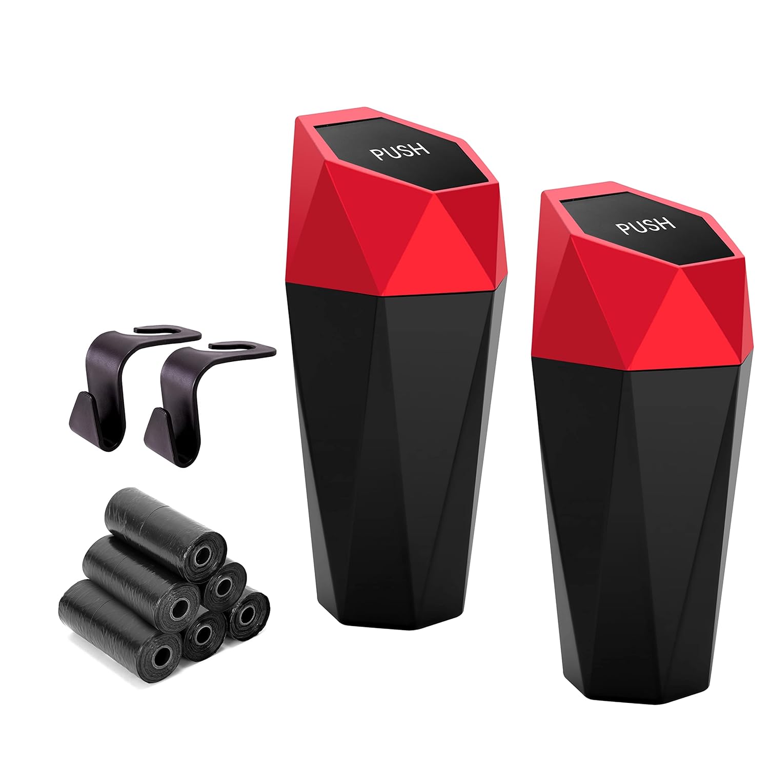 Ginsco Portavasos de basura para automóvil, paquete de 2 mini con tapa, accesorios para interior, auto pequeño a prueba de fugas, ganchos ABS