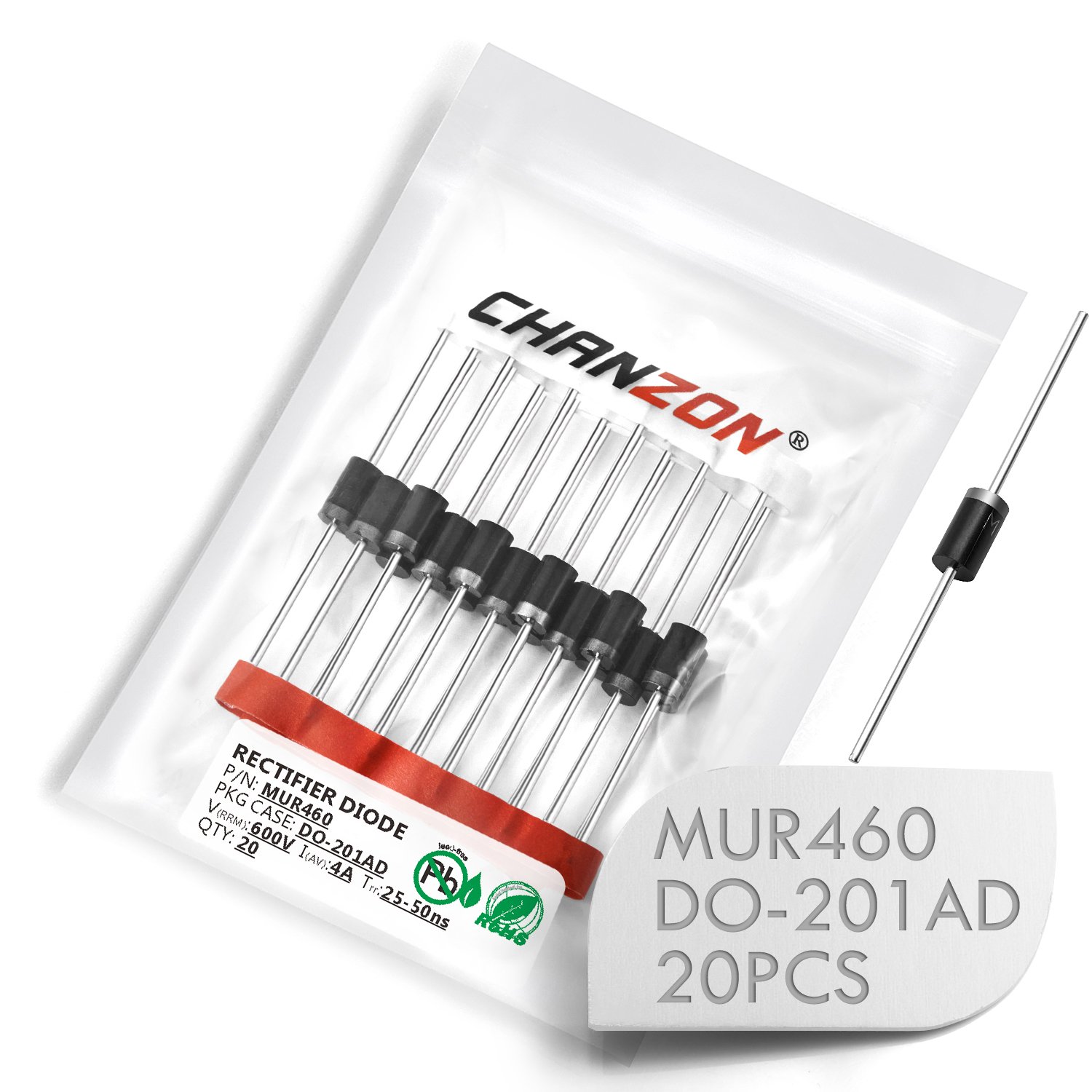 Paquete de 20 unidades Chanzon MUR460 Diodo rectificador de recuperación súper rápida 4A 600V 25-50ns DO-201AD (DO-27) Axial 4 Amp 600 voltios
