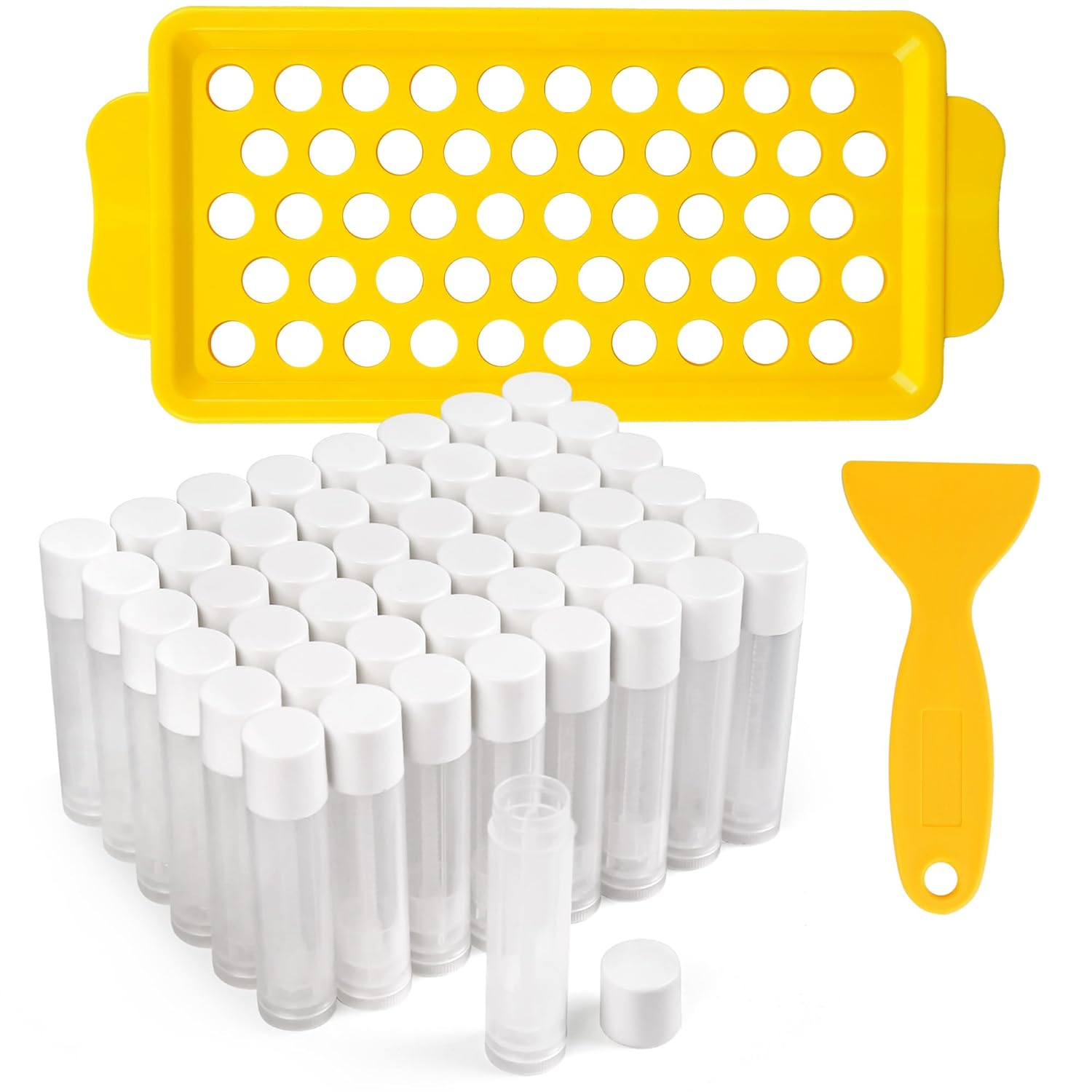 LotFancy Tubos de bálsamo labial con bandeja de llenado y espátula, 50 unidades de 0.2 fl oz (316 onzas) recipientes de bálsamo labial transparentes