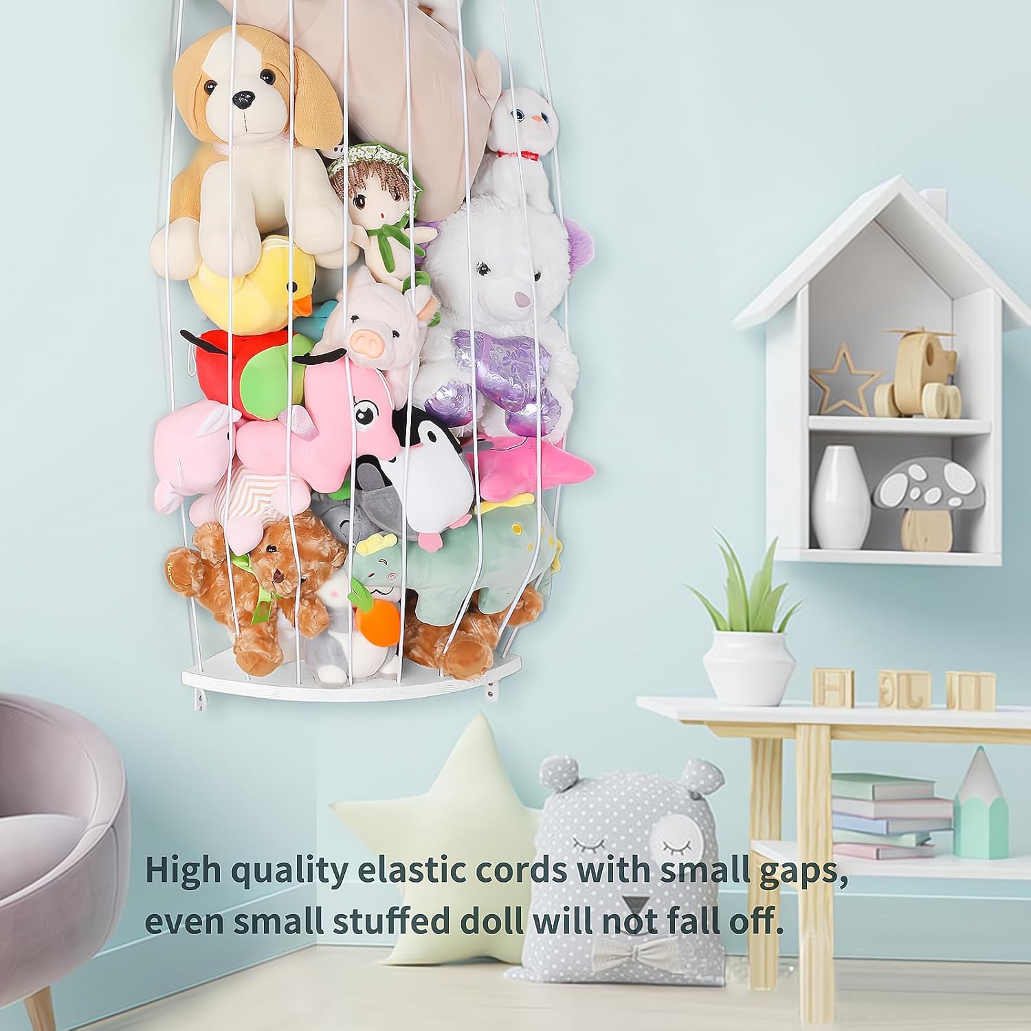 Soporte de madera para almacenamiento de animales de peluche con patrón de estrella, longitud ajustable, grande, organizador de juguetes de peluche