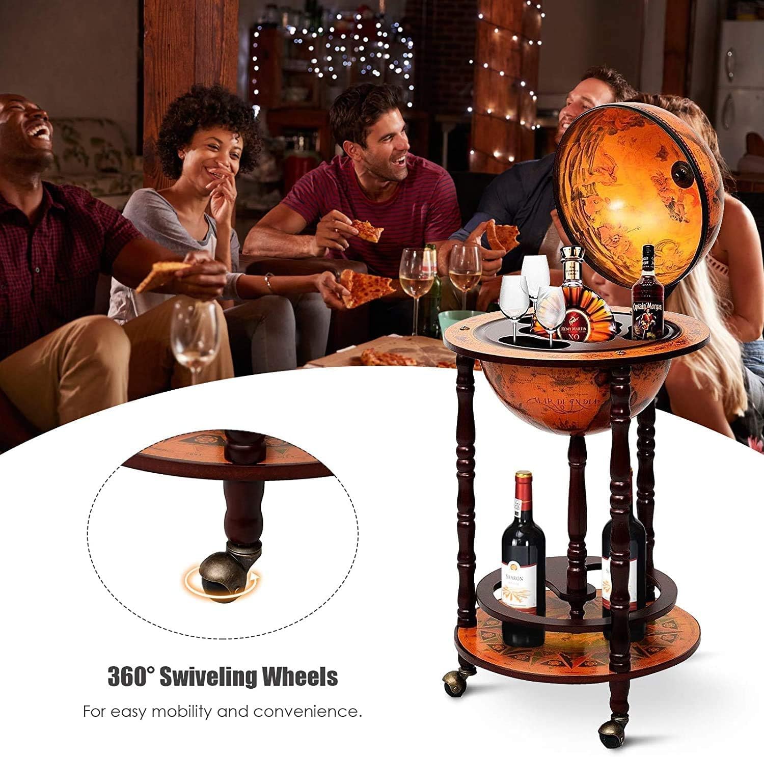 GOFLAME Wood Globe – Soporte para bar de vinos, estante italiano del siglo XVI, estante para botella de licor, gabinete de barra de globo con