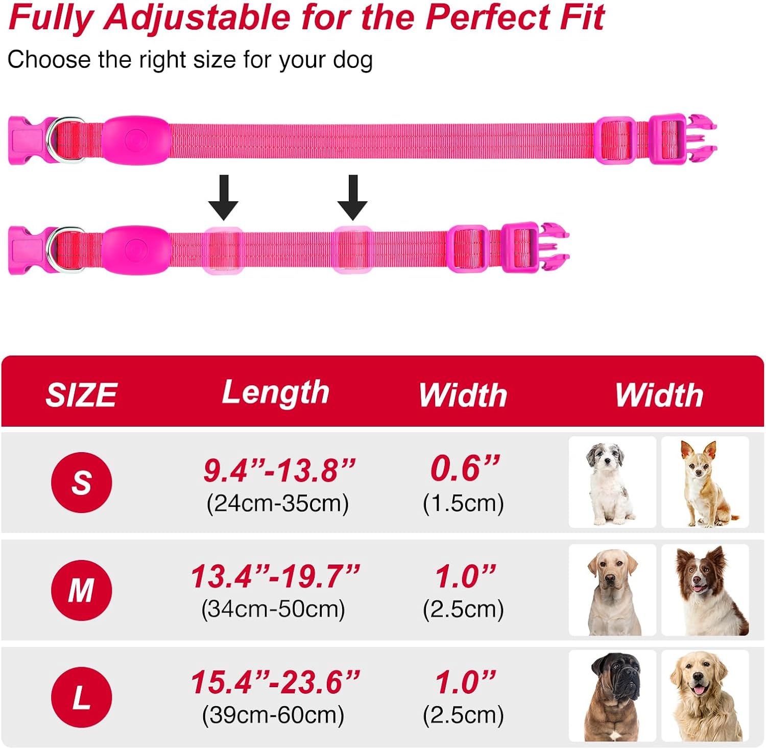 Visinite Collar de perro LED recargable por USB, collares de perro con luz totalmente ajustable para perros pequeños, medianos y grandes, 3 modos
