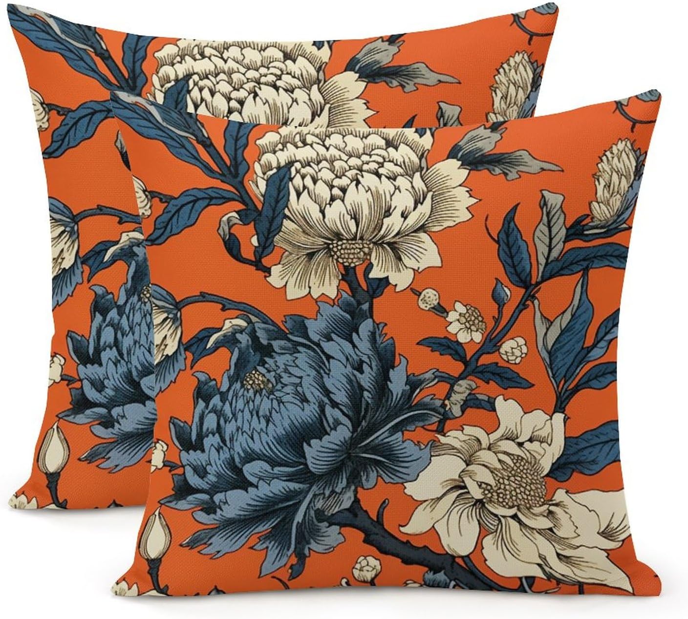 Chinoiserie – Juego de 2 fundas de almohada de flores de caqui, color azul marino, naranja, crema, floral, fundas de cojín inspiradas en Asia de 16