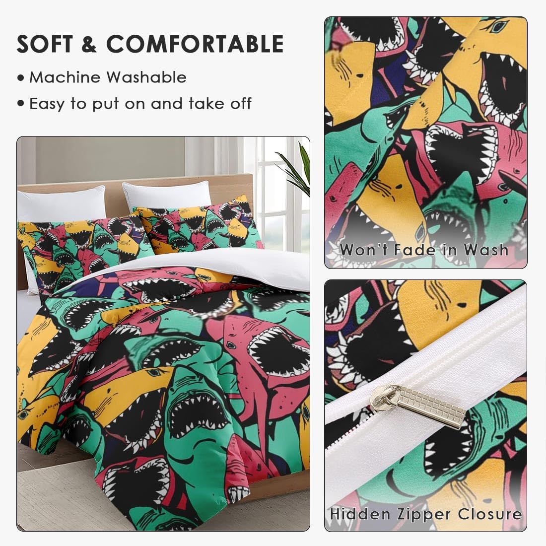 Juego de funda de edredón, juego de ropa de cama con diseño de tiburón, animales marinos, océano, para niños y adultos, decoración de dormitorio,