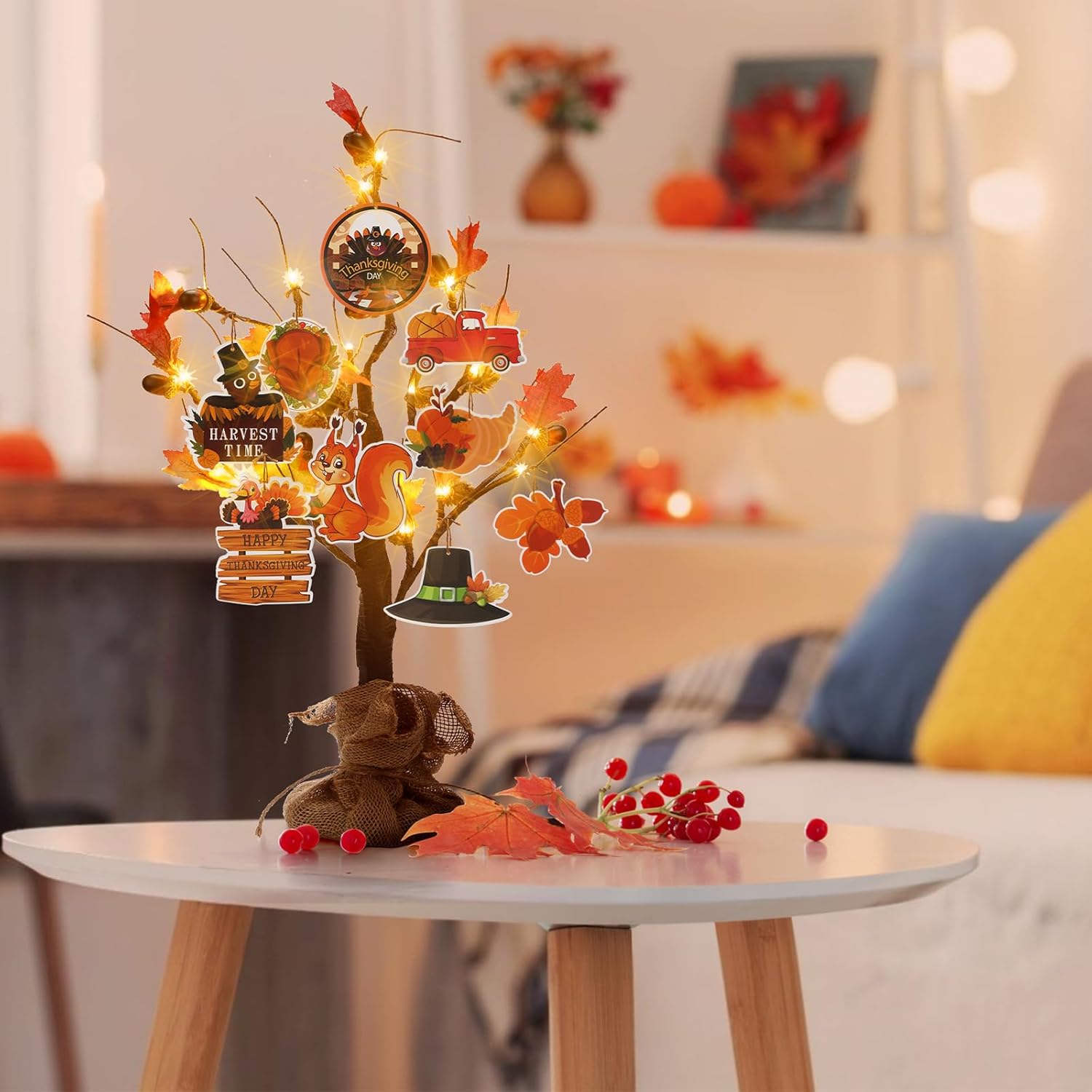 Capoda Árbol de Acción de Gracias para decoración de mesa de Acción de Gracias, árbol de arce iluminado de 24 pulgadas con 18 piezas de adornos