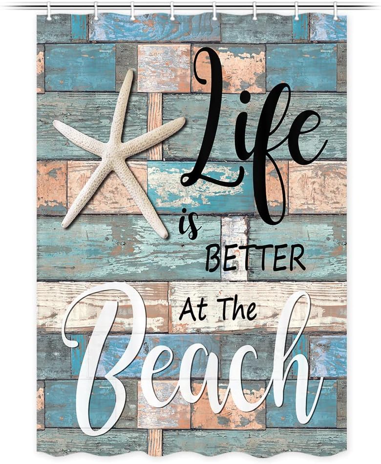 JAWO Cortina de ducha de playa, rústica, vintage, con frase en el océano, cortina de ducha con ganchos, 48 x 70 pulgadas
