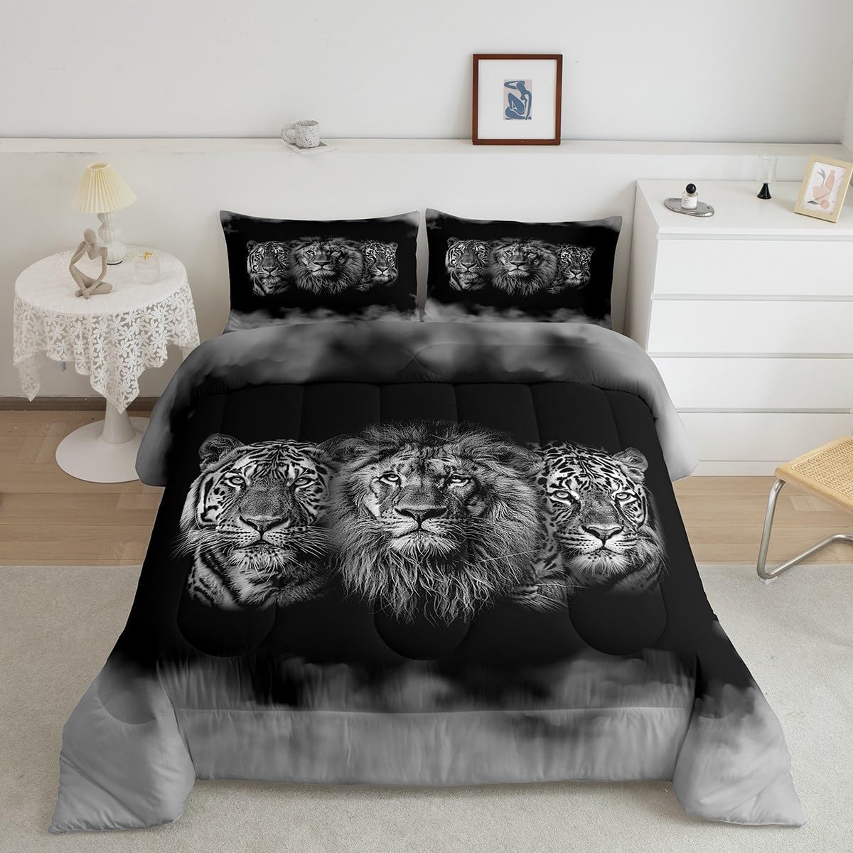 Juego de edredón de animales salvajes, tamaño Queen, juego de ropa de cama 3D de tigre, león, leopardo, 3 piezas para niños y hombres, decoración