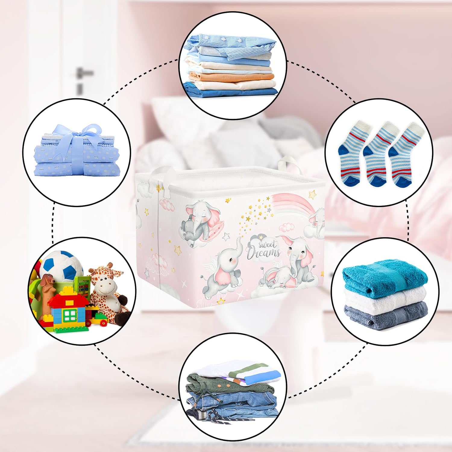 Clastyle Cesta de almacenamiento rectangular de elefantes durmientes, color rosa, arcoíris, para niñas, con nube, luna, baby shower, ropa para